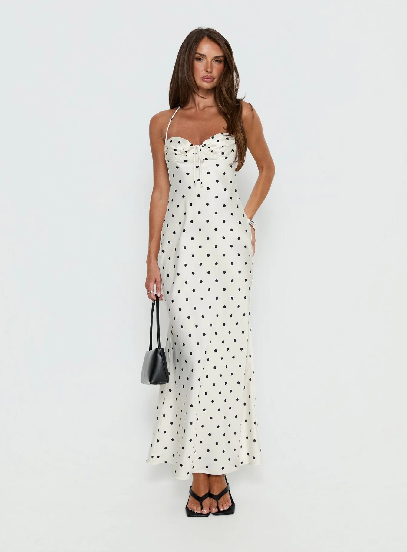 Costella Halter Satin Maxi Dress Cream Polka Dot