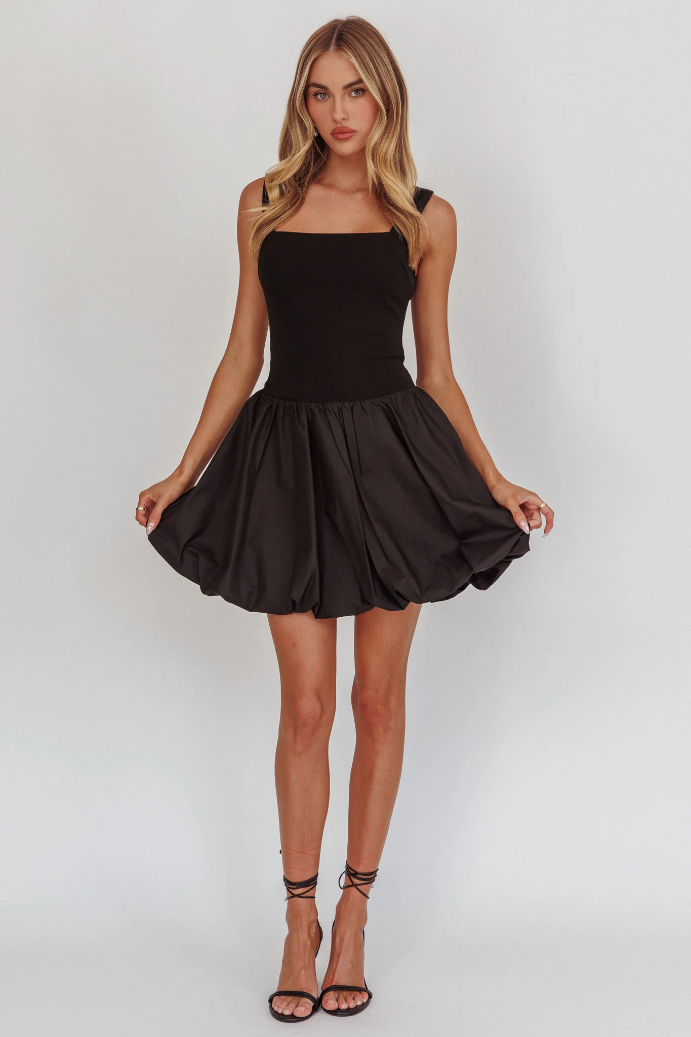 Like Art Square Neck Bubble Mini Dress Black - luluinthesky