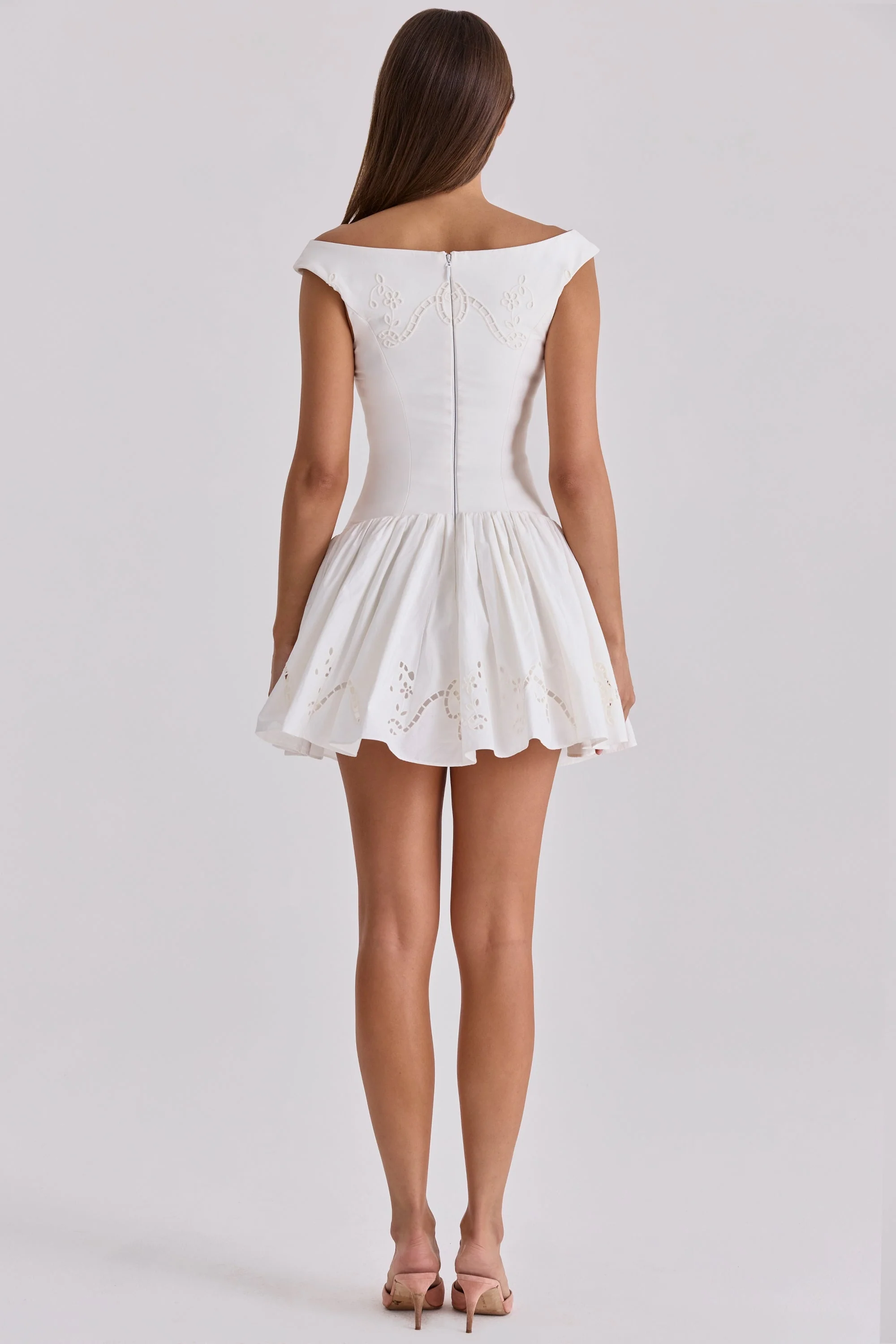 white cotton broderie anglaise boat neck mini dress