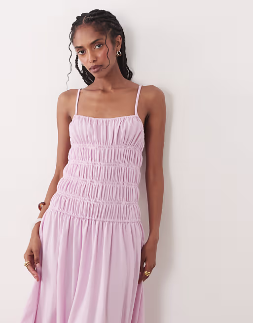 Mango ruched drop waist maxi dress in pastel pink