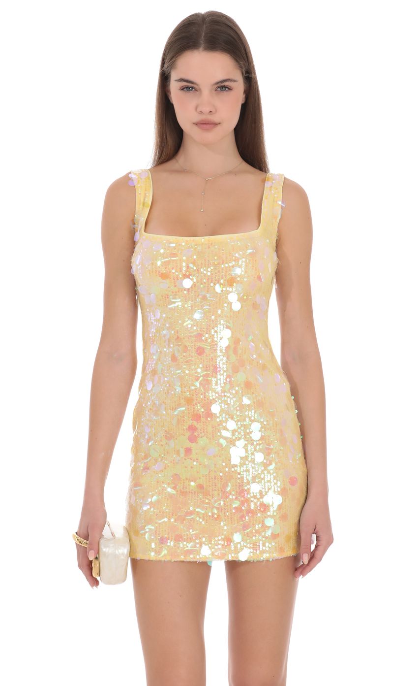Iridescent Sequin Mini Dress in Pale Yellow
