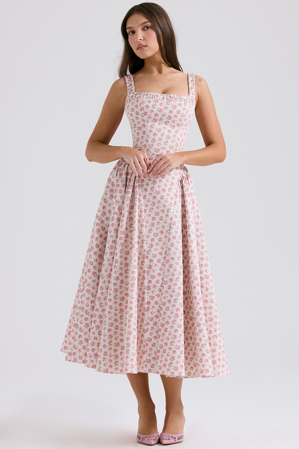 white rosebud print cotton midi sundress