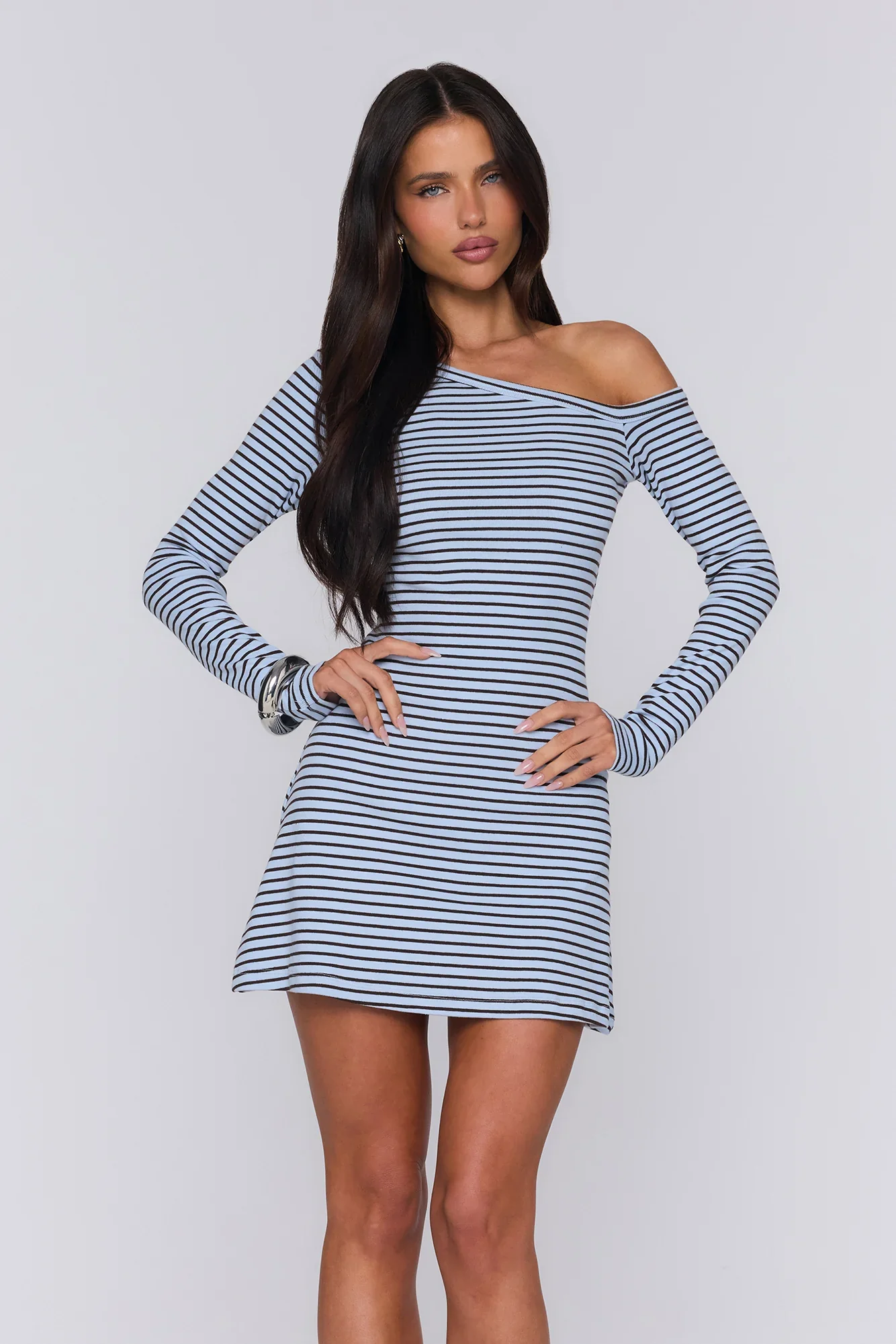 BASE Luxe Rib Off Shoulder Long Sleeve Mini Dress Blue Brown Stripe