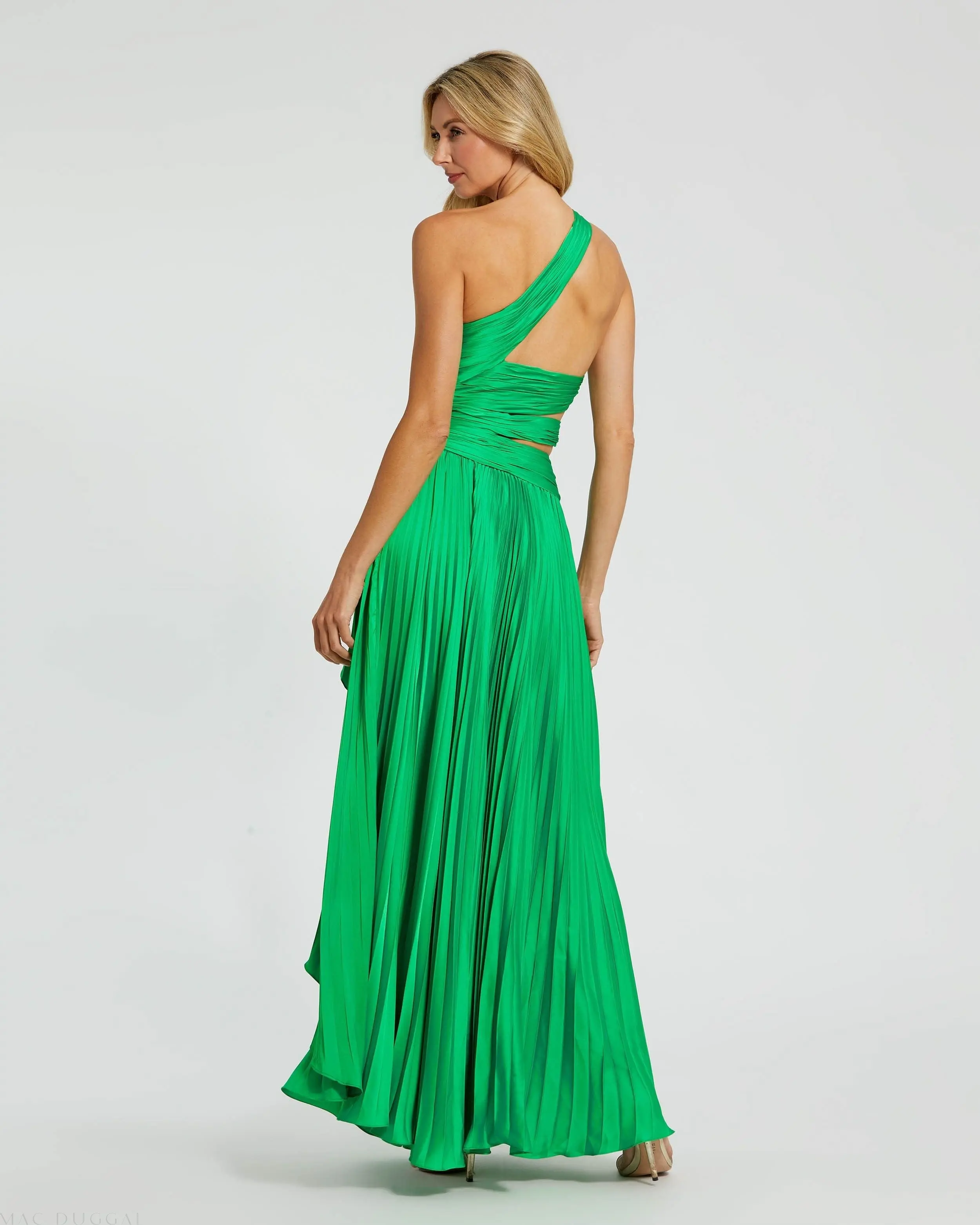 Green One Shoulder Pleated Charmeuse Gown With Slit