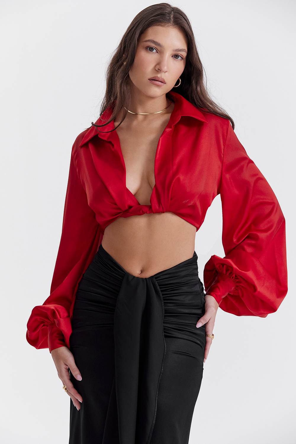 cherry silk blouson top