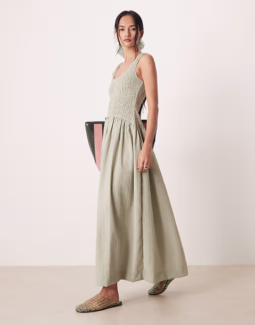 crinkle scoop neck maxi sundress with shirred waist in sage