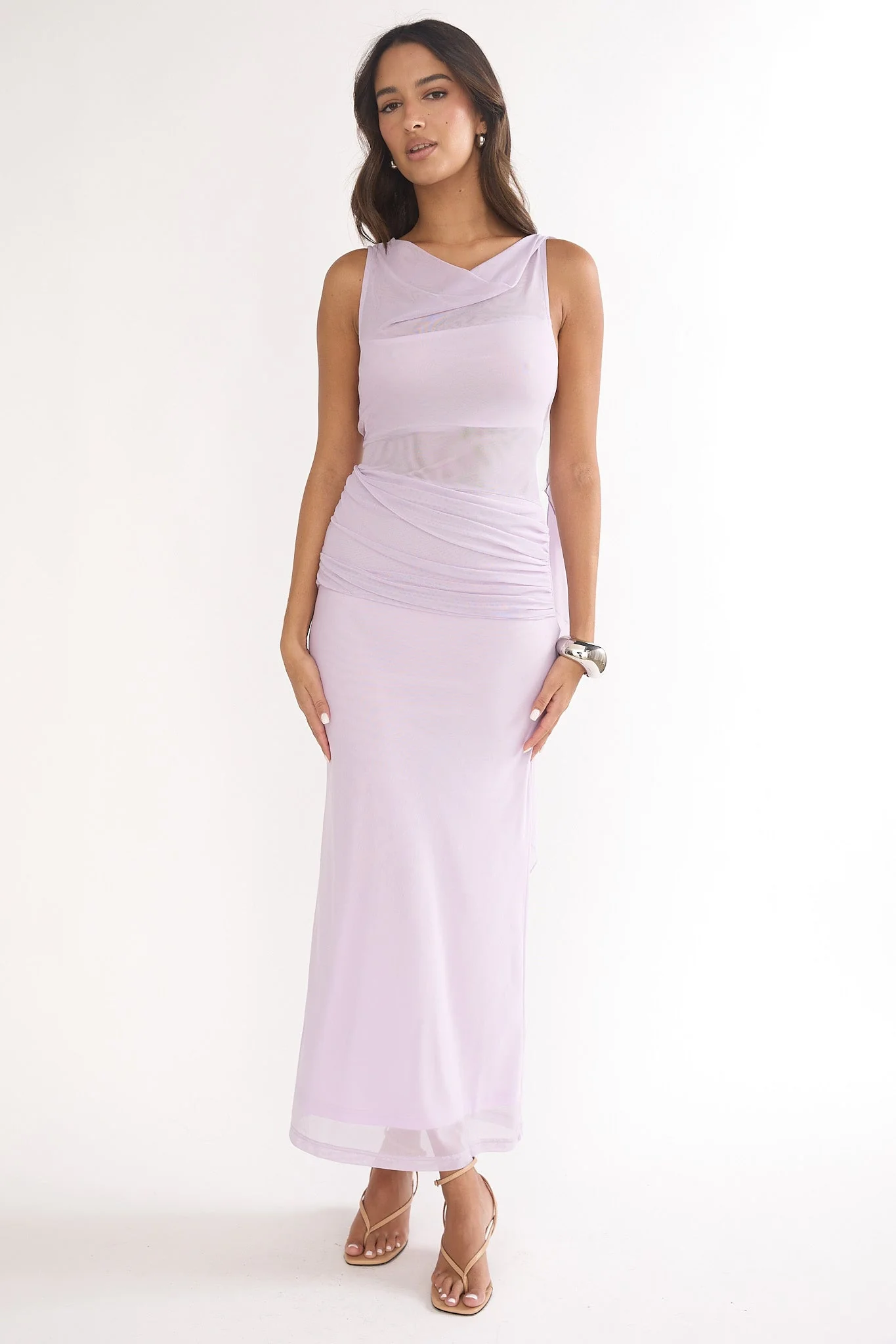 Saffra Shoulder Sash Ruched Maxi Dress Lilac