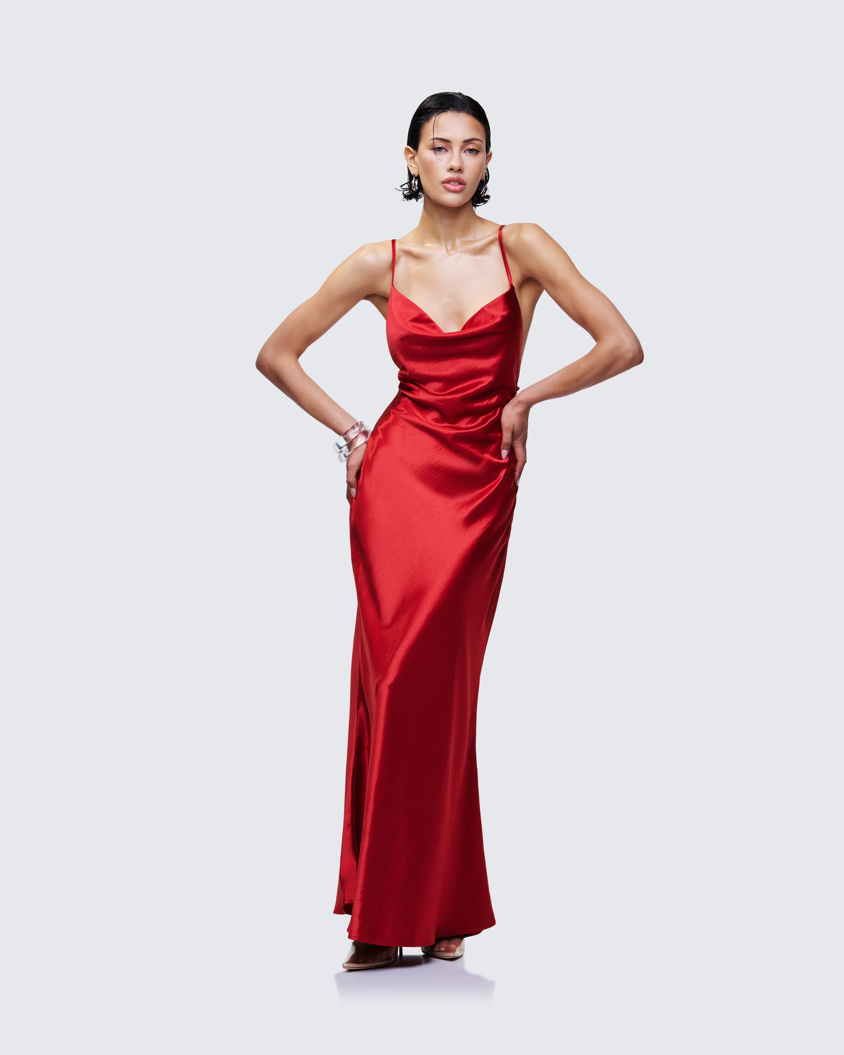 Elspeth Red Satin Bias Slip Maxi Dress