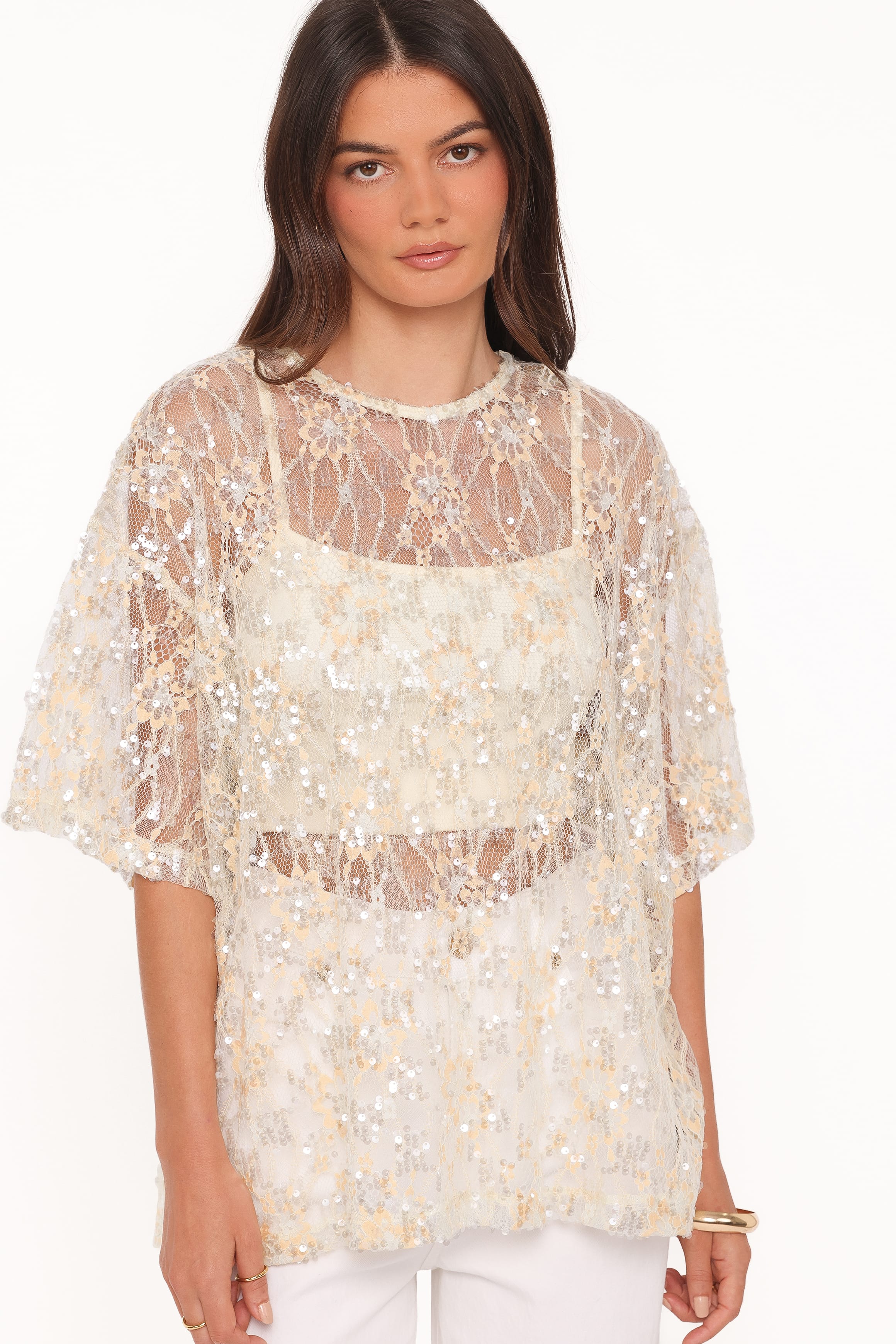 Yonder Sheer Lace Tee Top - Pale Yellow