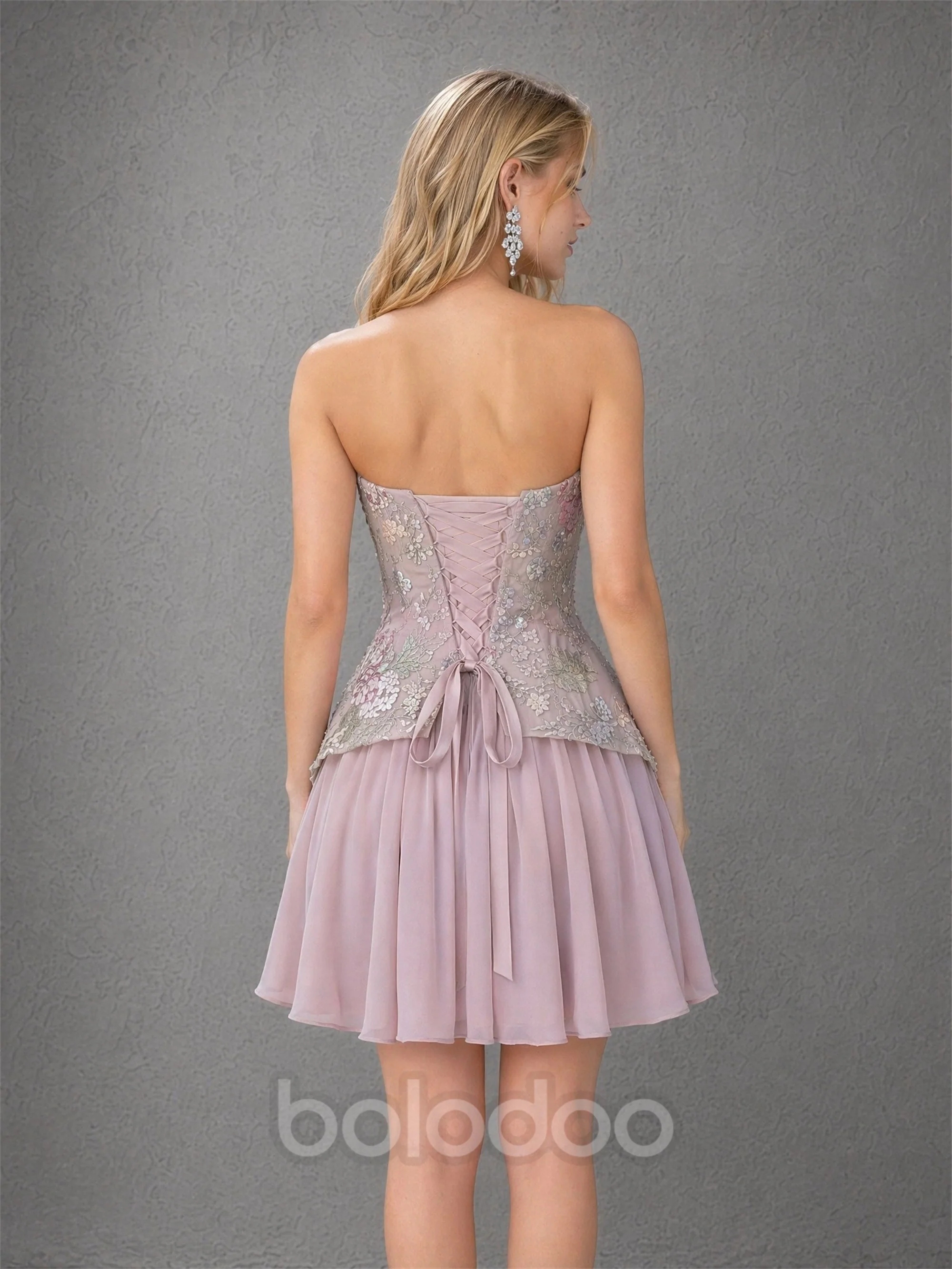 BOLODOO Mauve Floral Embroidered Corset Mini Dress – Strapless Lace-Up Back Prom & Homecoming Dress