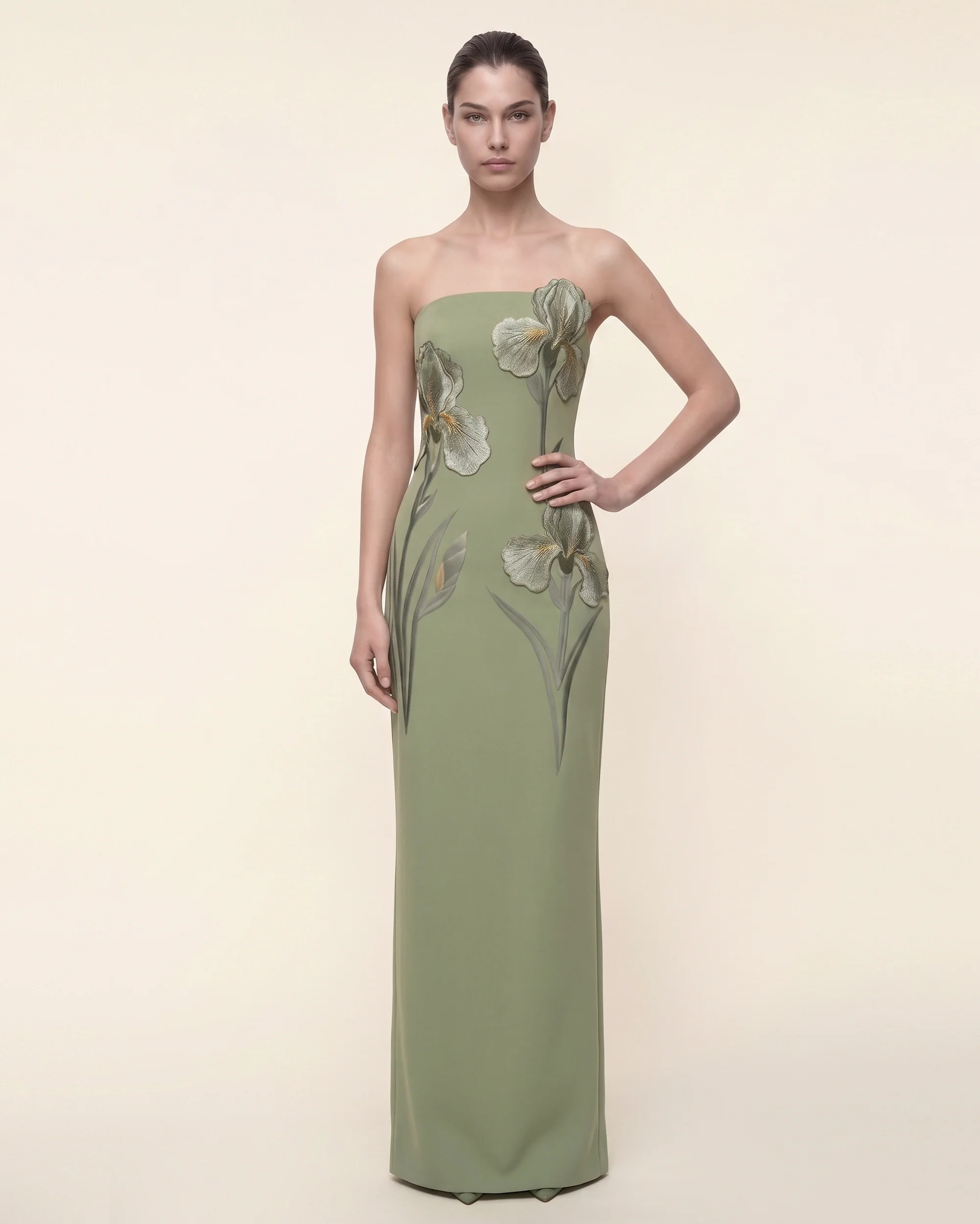 Iris Embroidered Strapless Maxi Dress - Sage Green