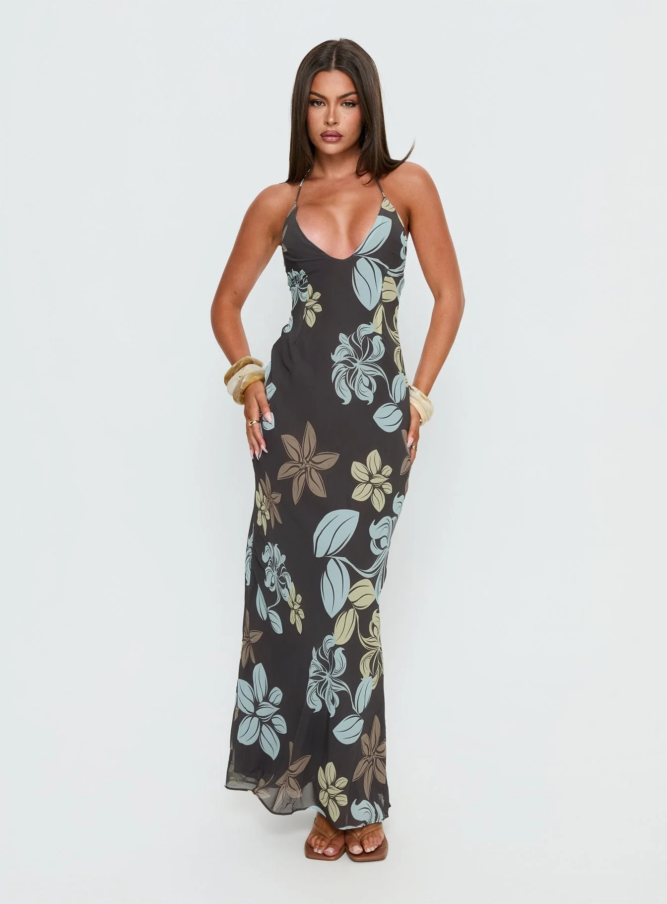 Esmira Halter Maxi Dress Chocolate / Blue Floral