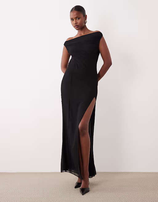 Oh Polly asymmetric one shoulder thigh high split maxi dress in black