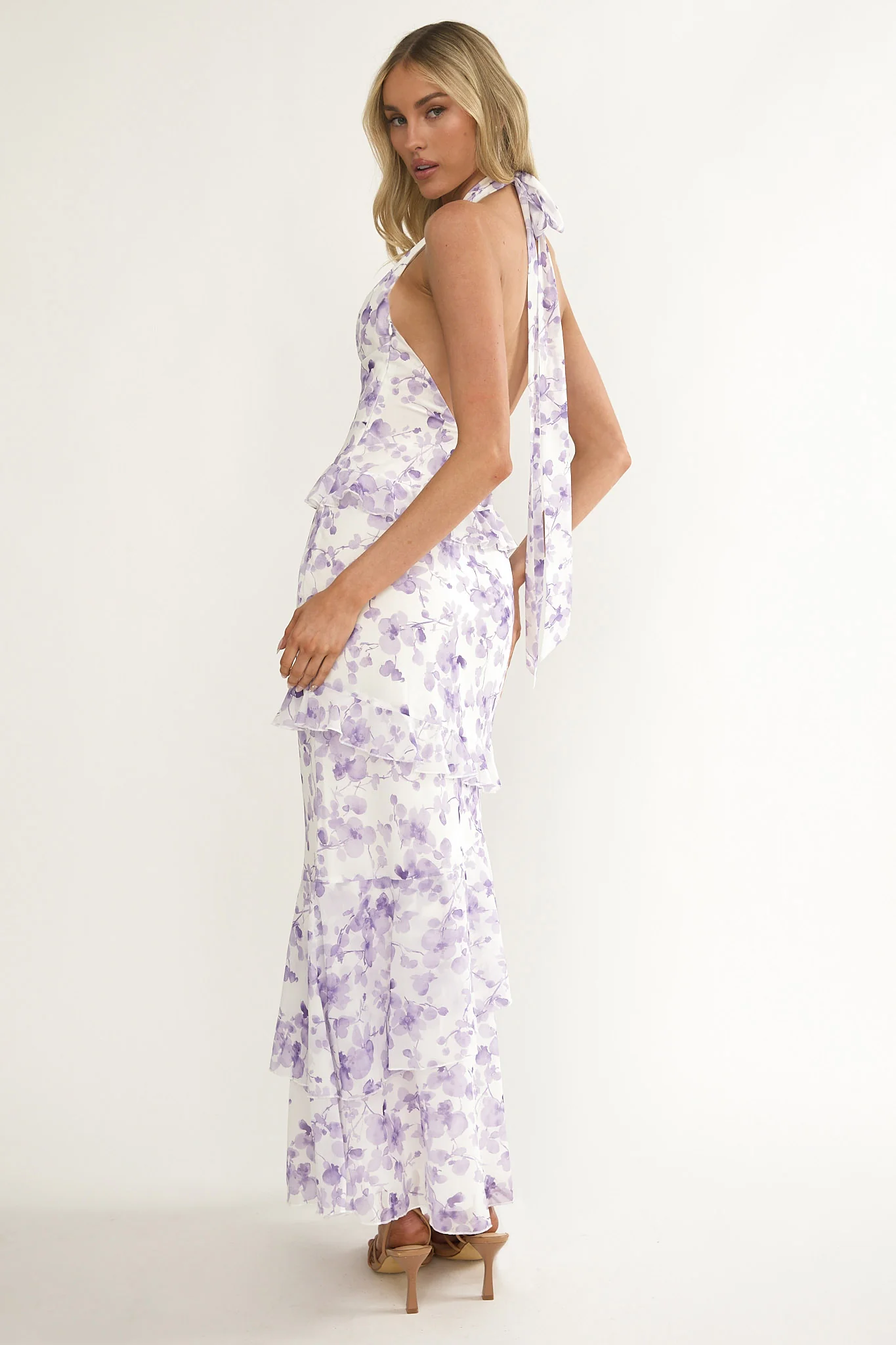Cipriana Frill Trim Halter Maxi Dress Floral Purple