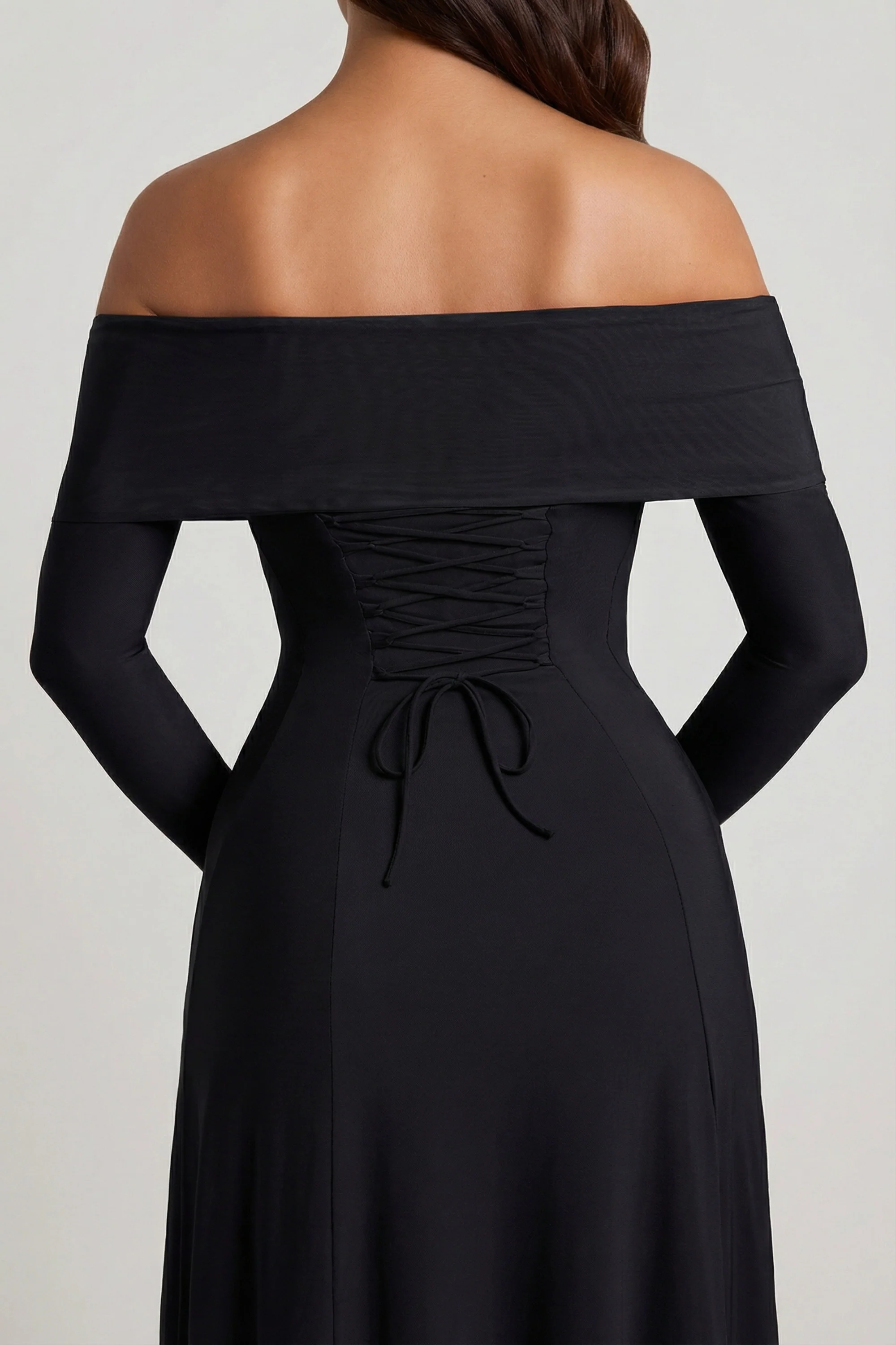 Off-Shoulder Lace-Up A-Line Midaxi Dress in Black