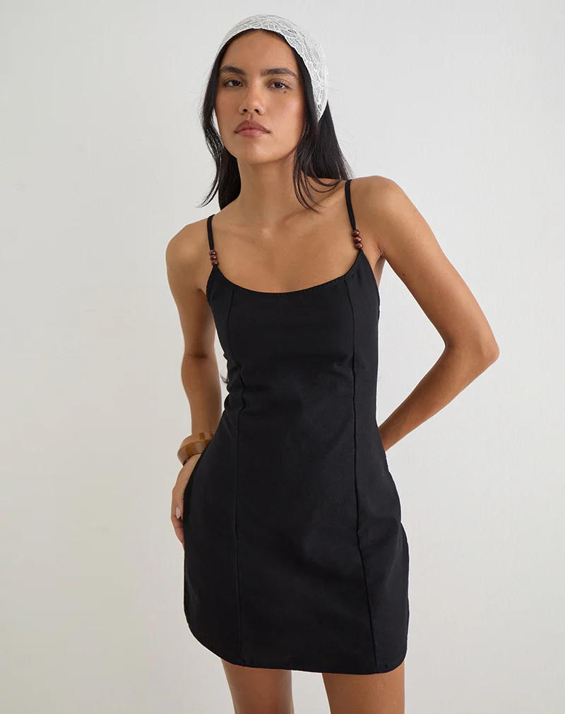 Ambra Scoop Mini Dress in Linen Black
