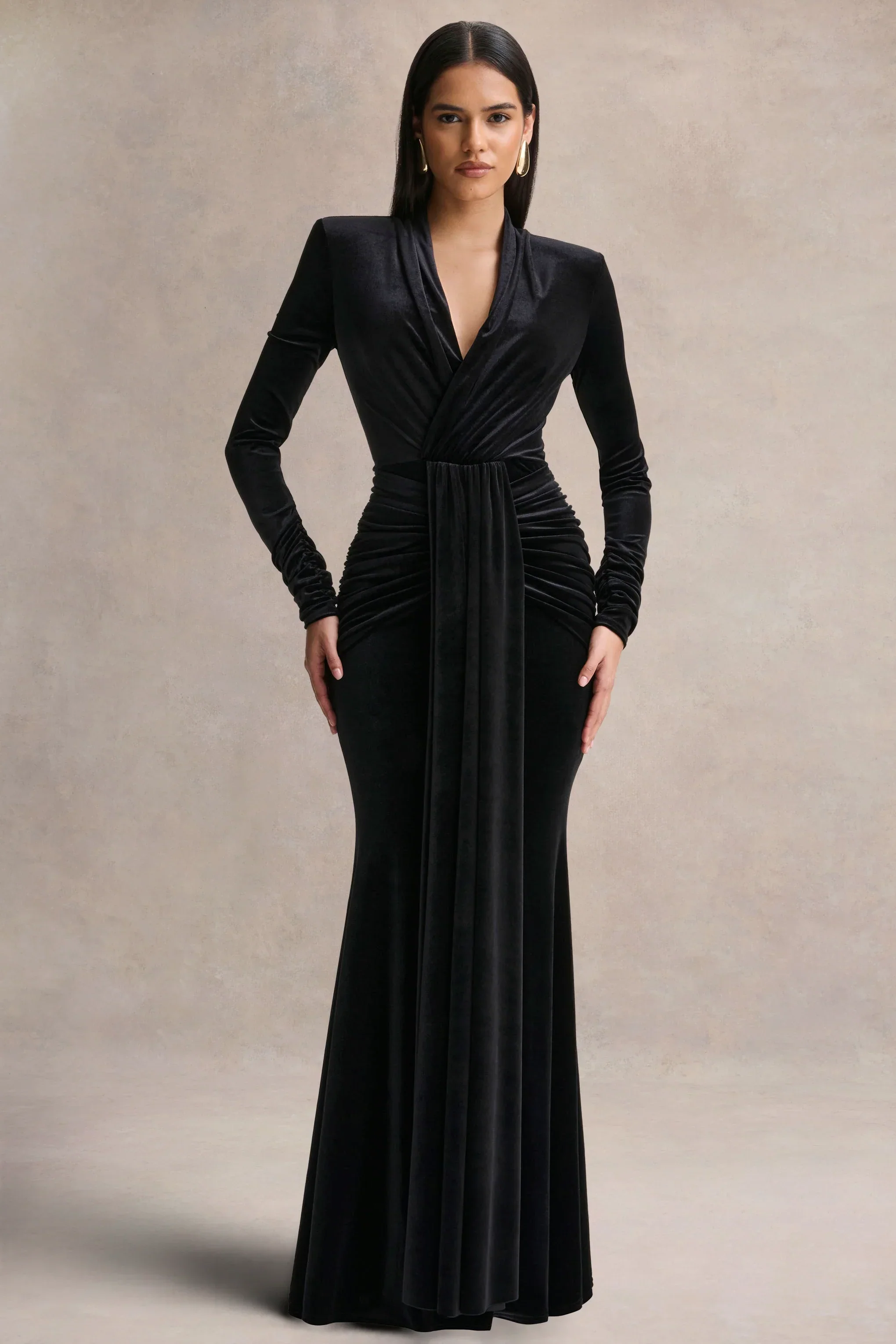 Halima | Black Velvet Plunge-Neck Maxi Dress With Gathered Detailing
