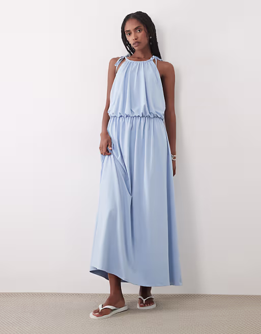 halter neck with blouson maxi dress in light blue
