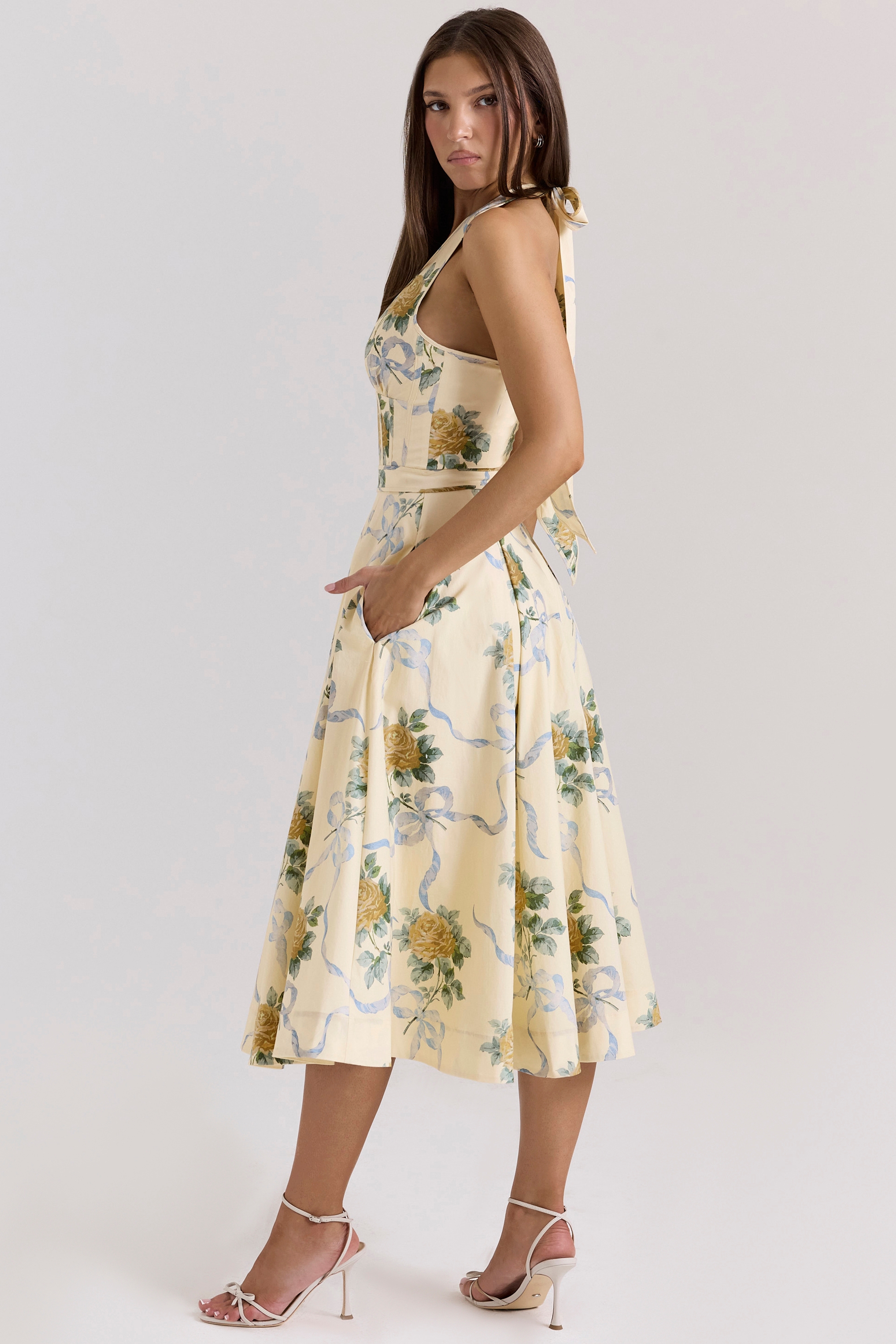 Lemon Ribbon Stretch Cotton Halter Midi Sundress