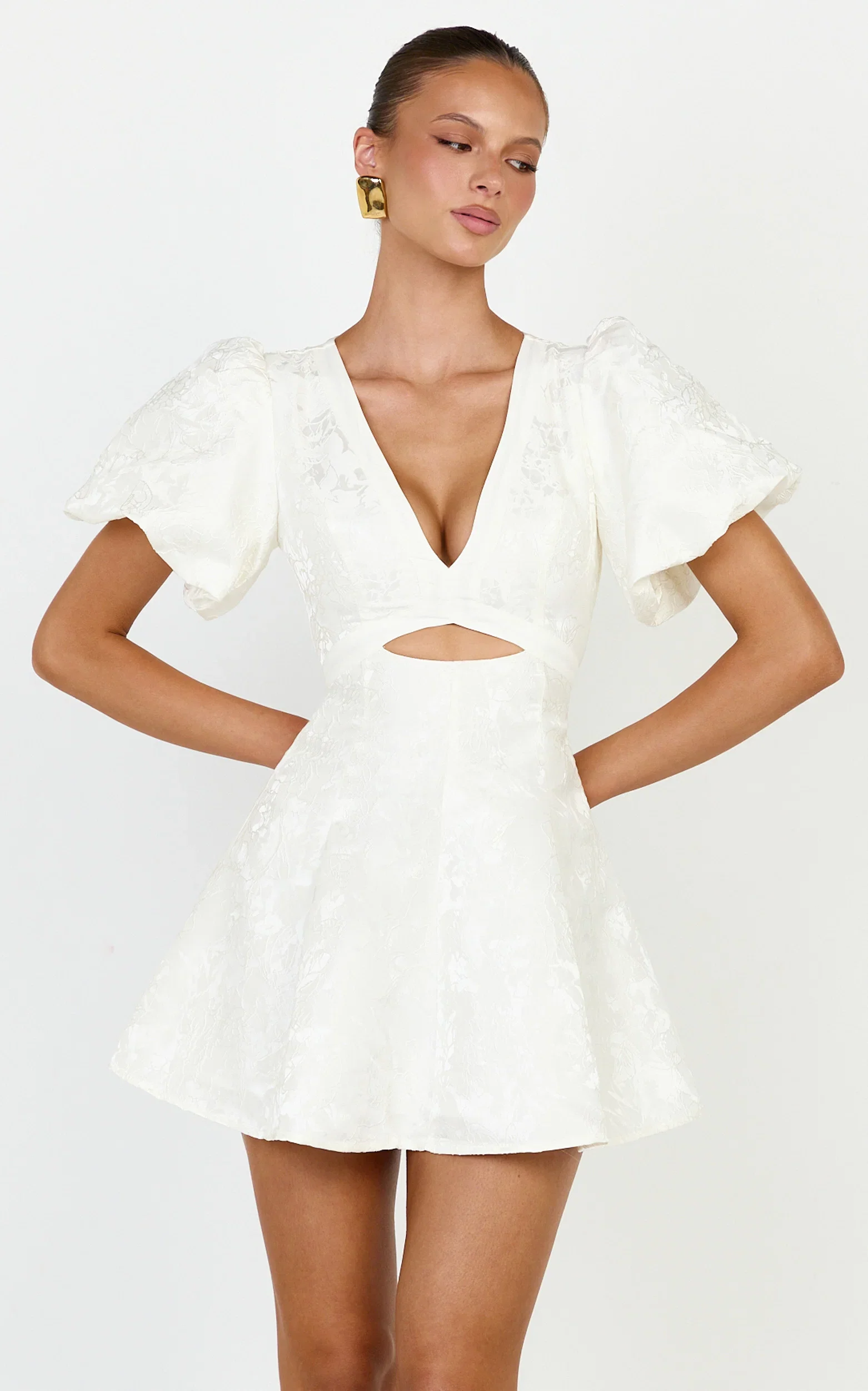 Rosalie Mini Dress - Floral Jacquard V Neck Fit and Flare Dress in White