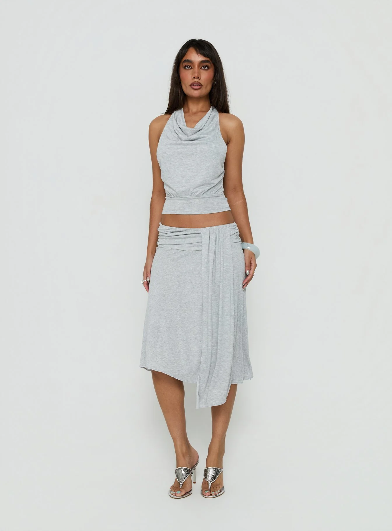 Adreana Halter Jersey Top Grey Marle