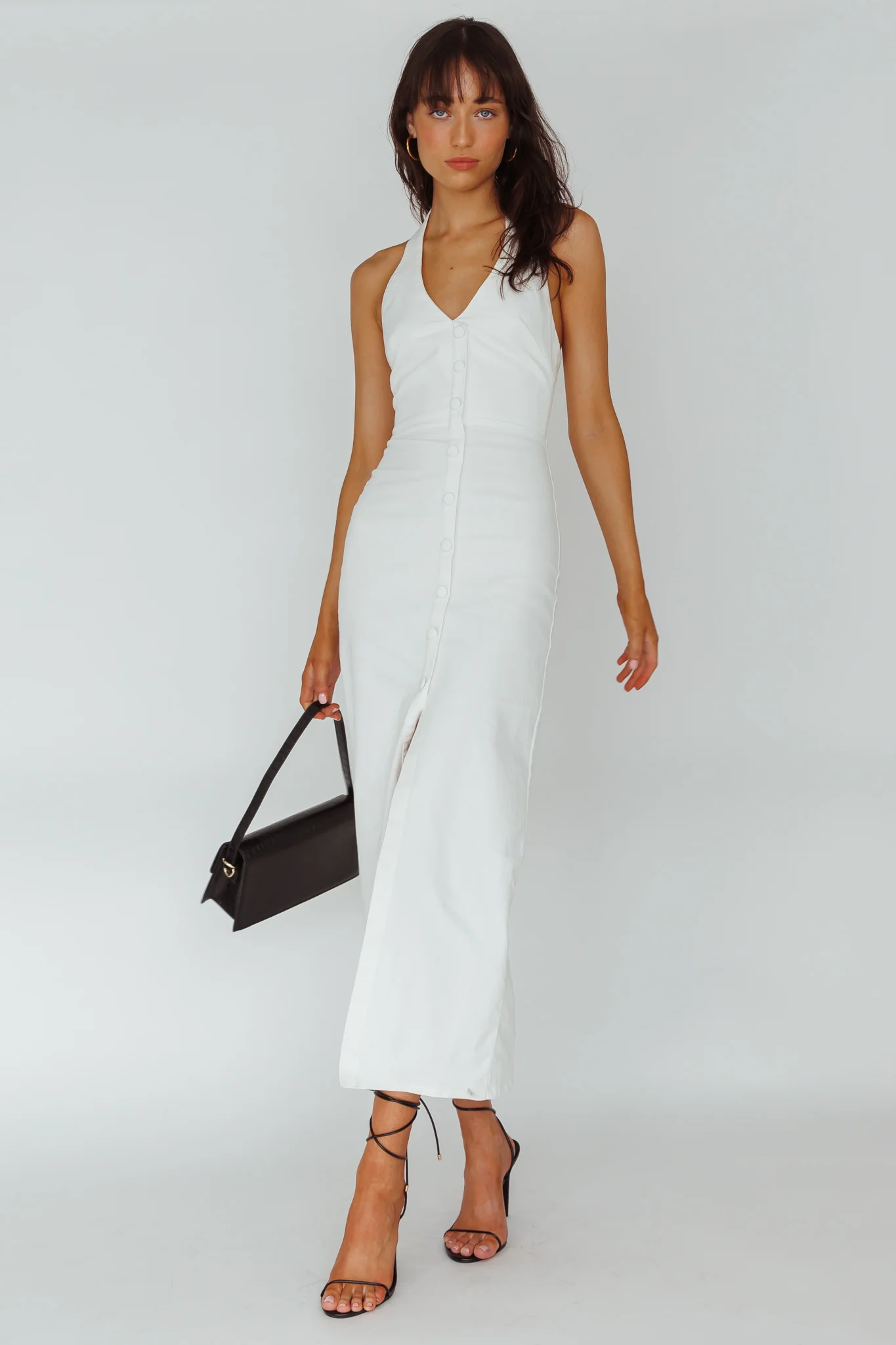 Renita Halterneck Button Maxi Dress White - luluinthesky