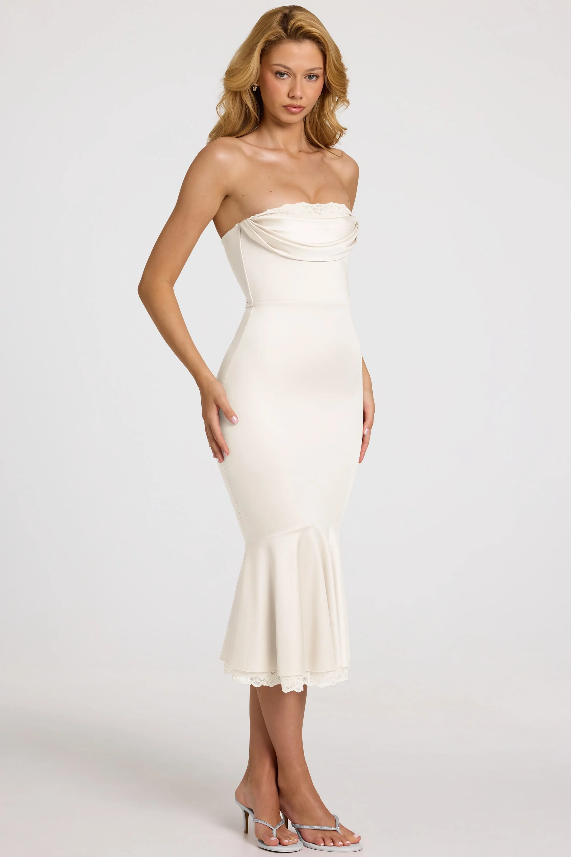 Satin Lace-Trim Bandeau Fluted Midaxi Dress in White