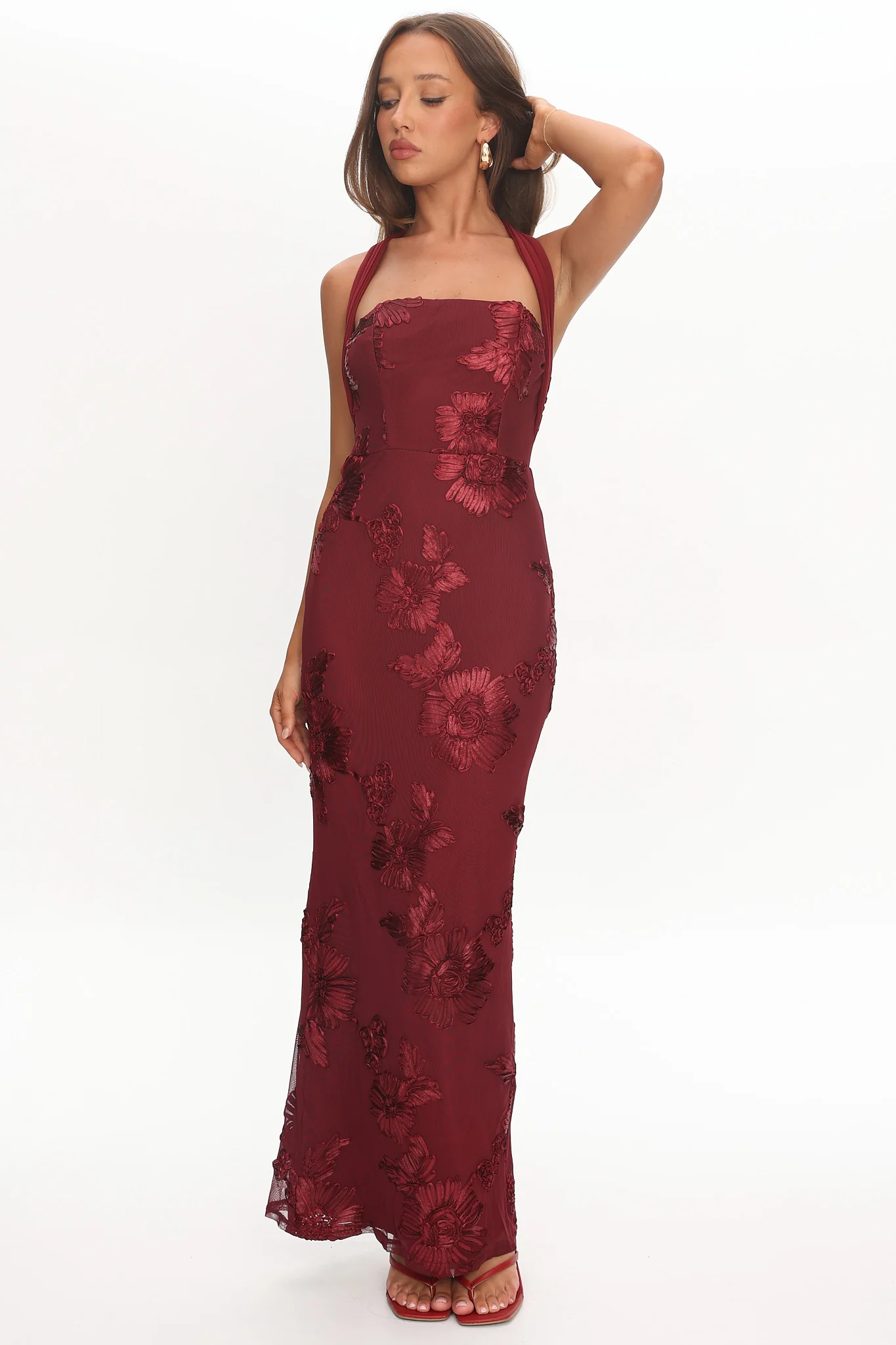 Serenya Halterneck Embellished Maxi Dress Wine