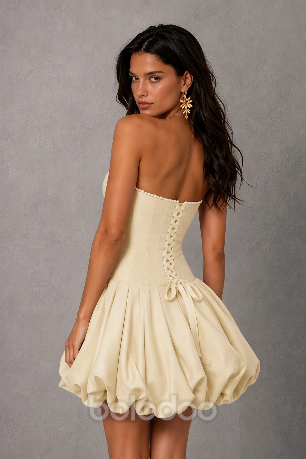 BOLODOO Ivory Strapless Boned Corset Mini Dress with Pearl Trim, 3D Rose & Bubble Skirt