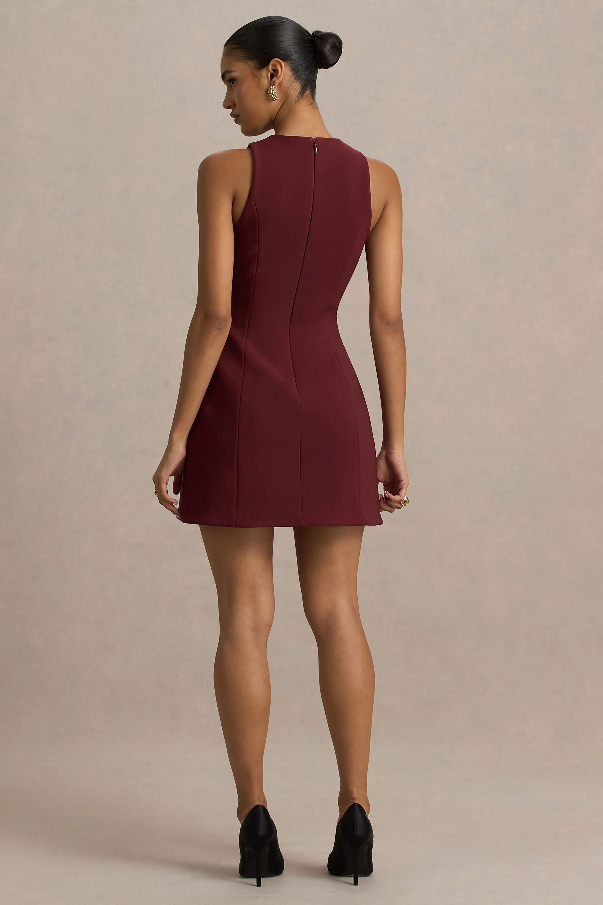 Belony | Dark Plum Crew-Neck Mini Dress With Button Detailing