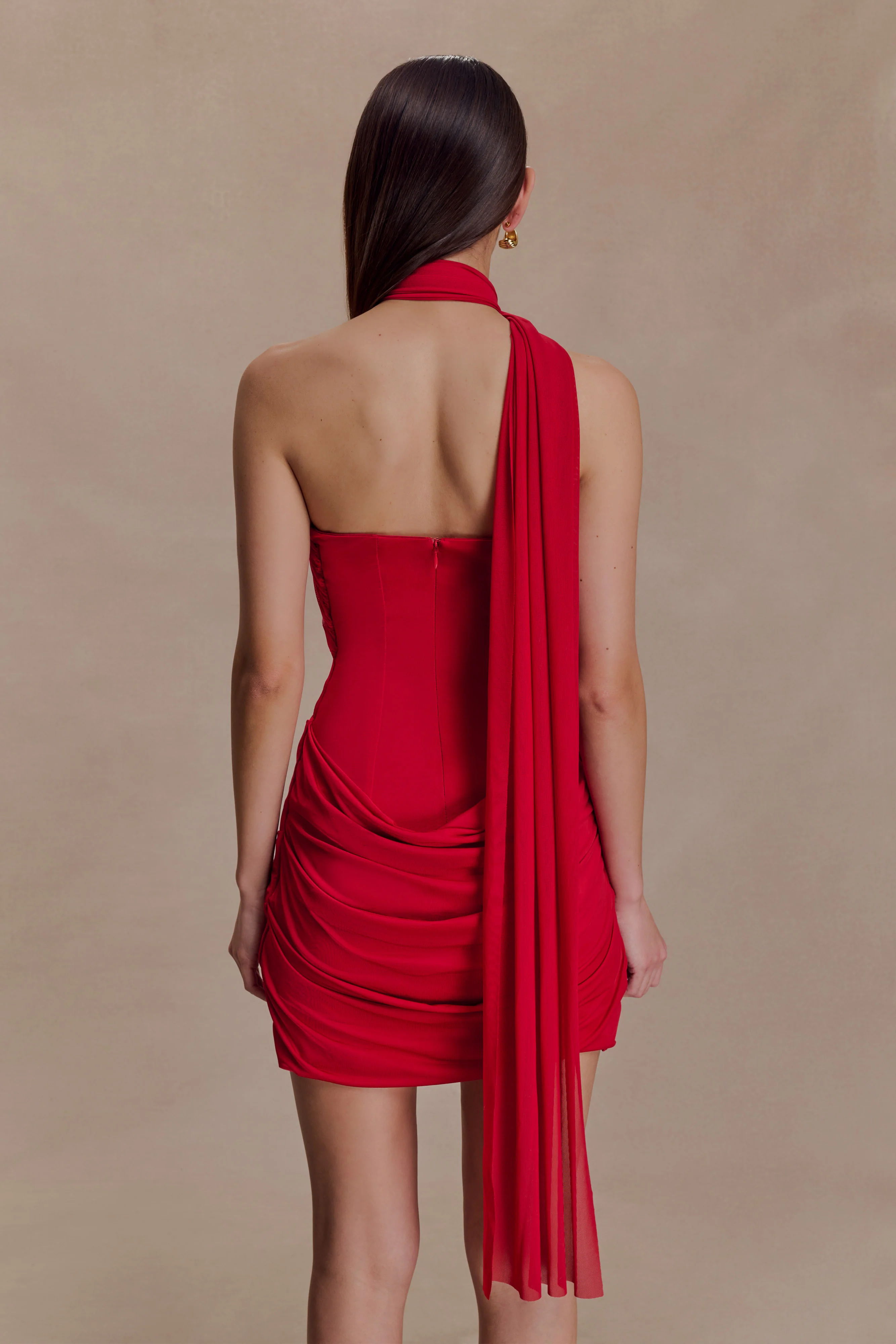 Mattea Slinky And Mesh Mini Dress With Scarf - Red