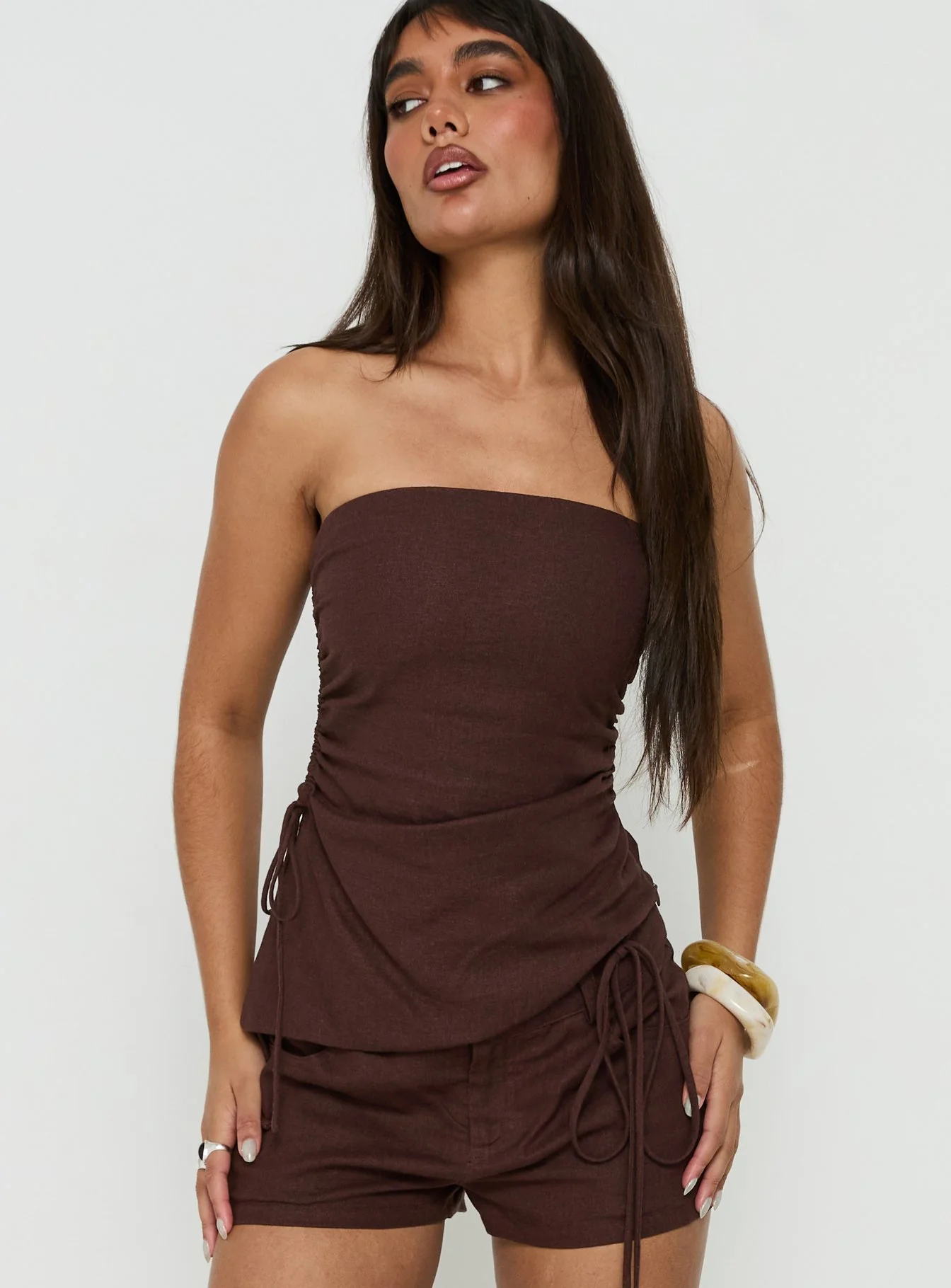 Defined Strapless Gathered Linen Blend Top Brown