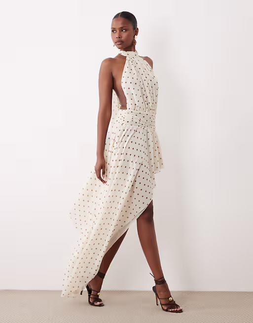 Oh Polly chiffon halter neck asymmetric skirt detail maxi dress in ivory polka dot