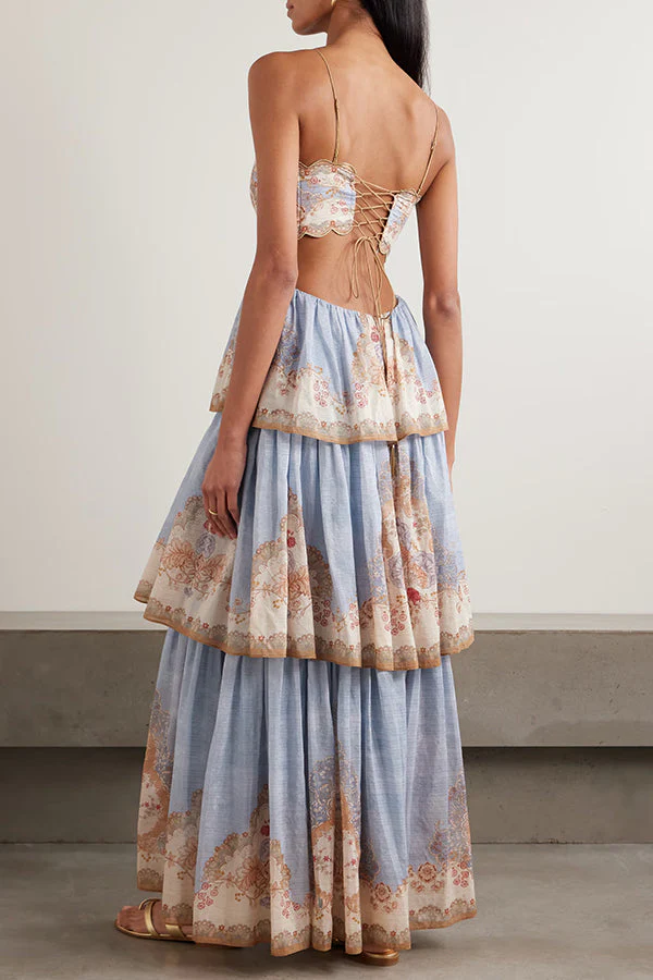 Daylight Unique Print Cutout Waist Back Lace-up Tiered Hem Maxi Dress - luluinthesky