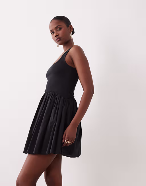 scoop ribbed bodice with poplin skirt mini dress in black