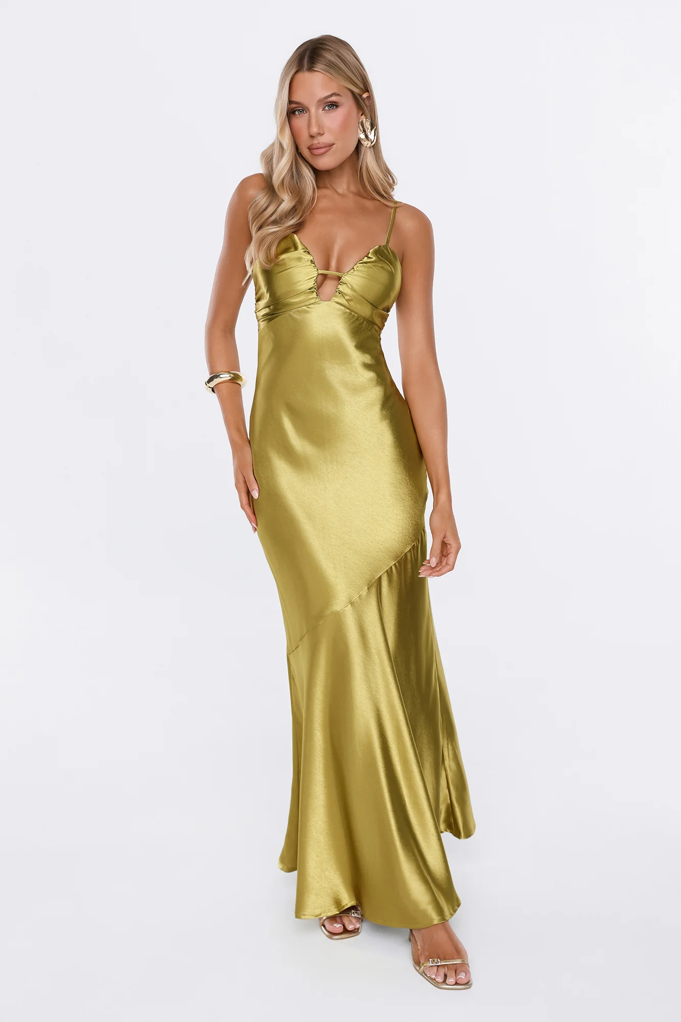 She Gets It Satin Maxi Dress Olive