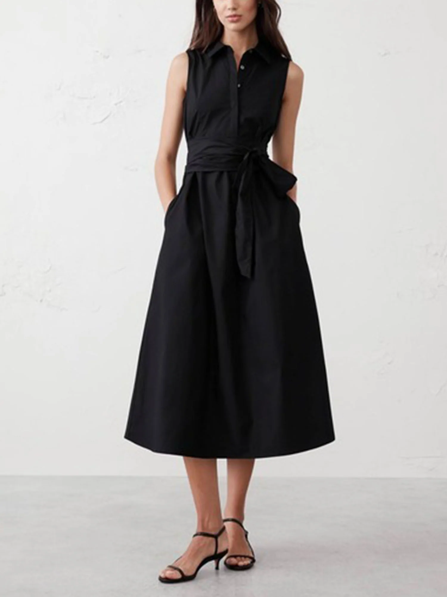 Sleeveless Belted Black Midi Dress