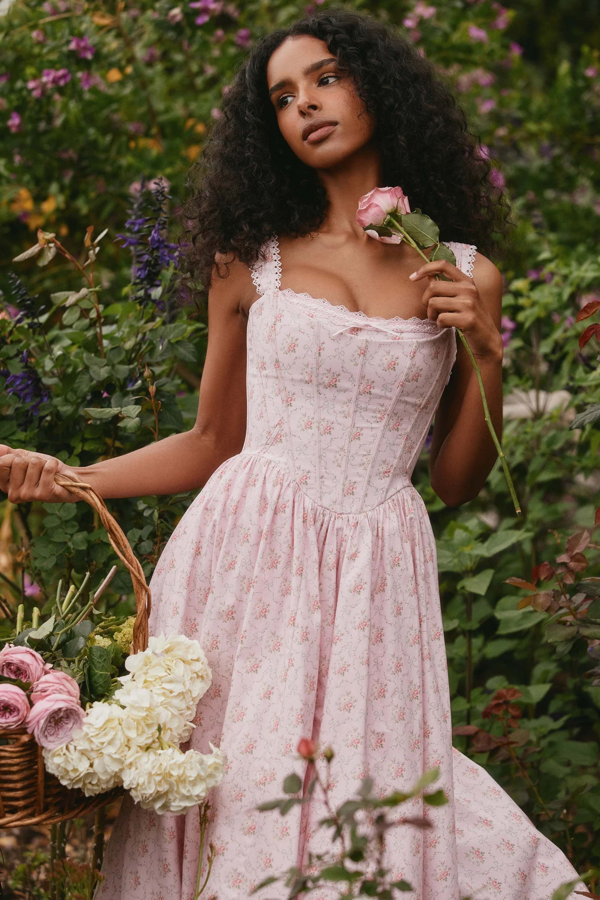 Pink Rose Print Stretch Cotton Corset Midi Dress