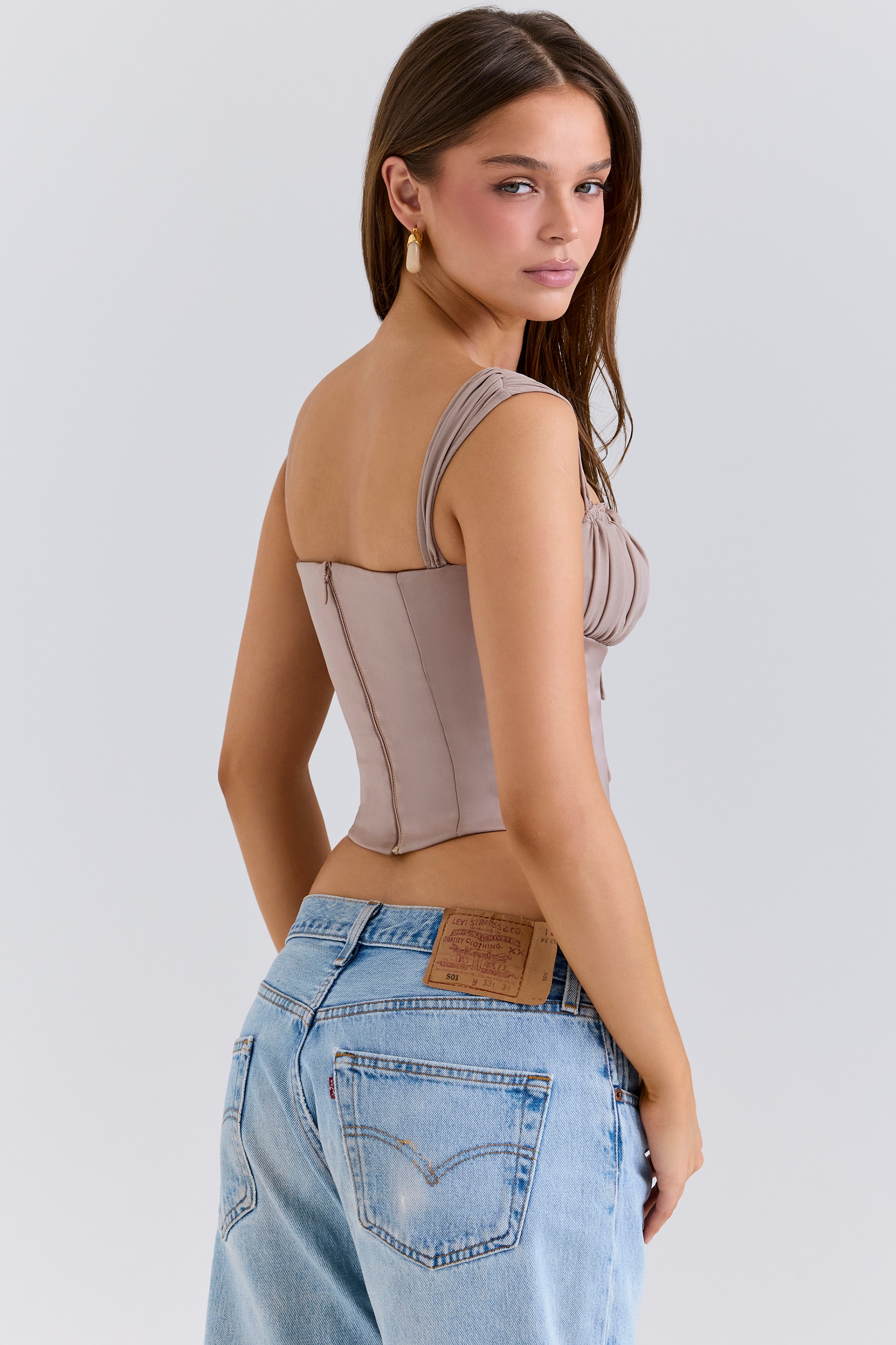 mocha georgette cap sleeve corset top