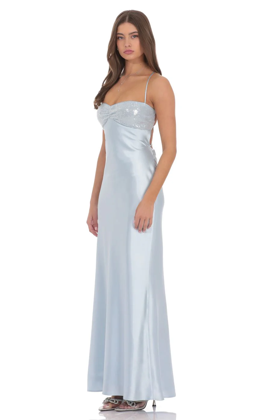 Sequin Bust Satin Maxi Dress in Light Blue - luluinthesky