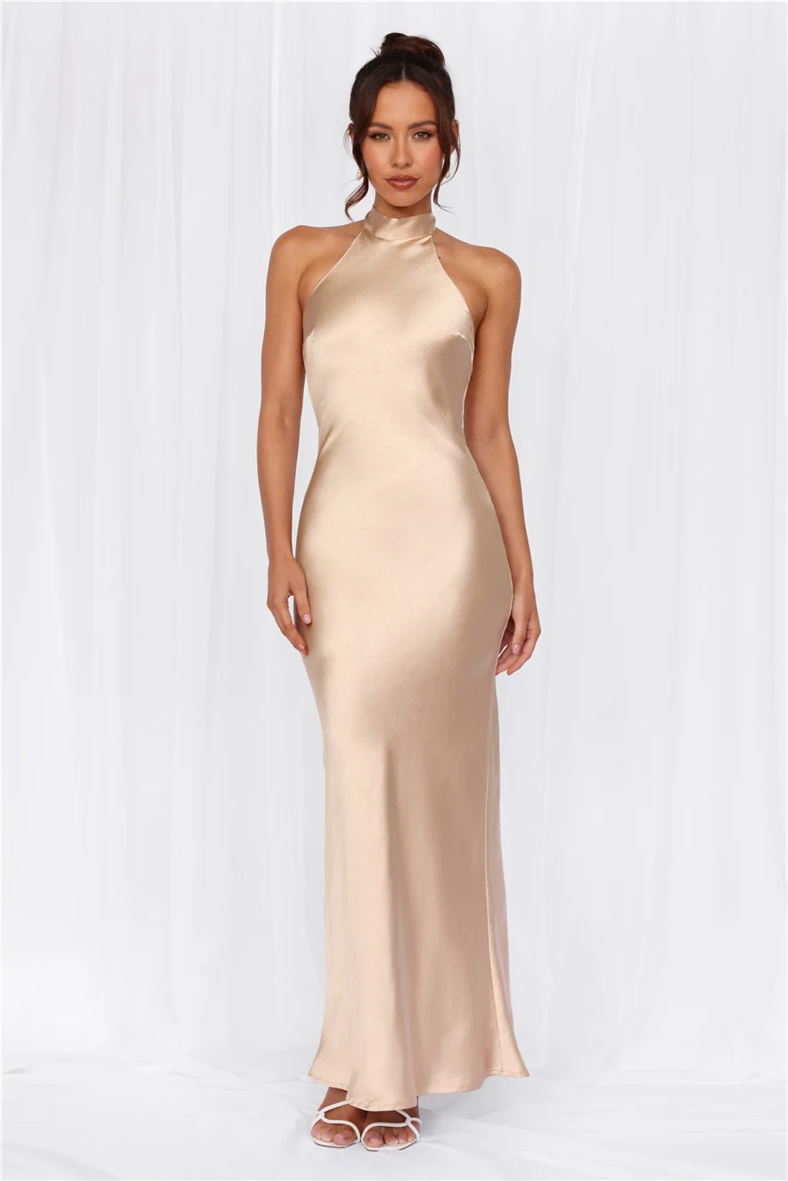 The Cleo Halter Satin Maxi Dress Champagne