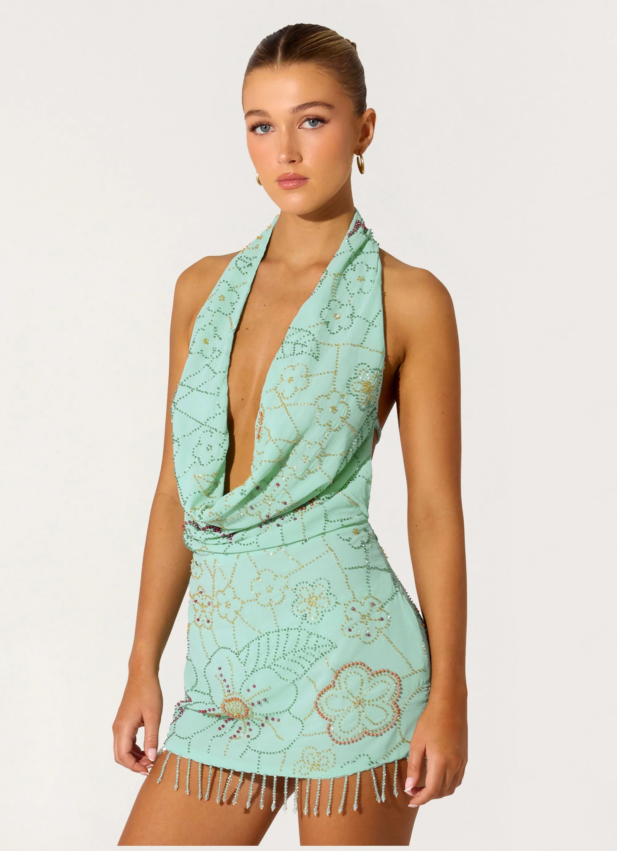 Outlaw Beaded Mini Dress - Mint Aqua - luluinthesky