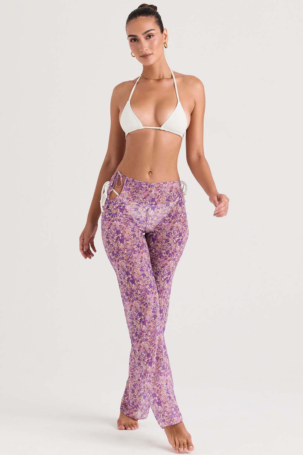 violet floral cutout trousers