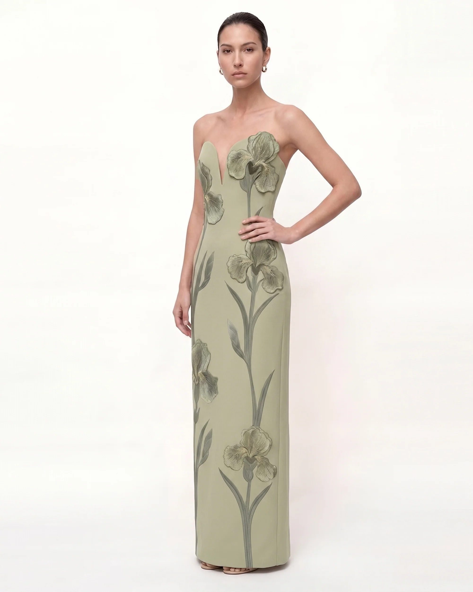 Iris Embroidered Notch Neck Strapless Maxi Dress - Sage Green