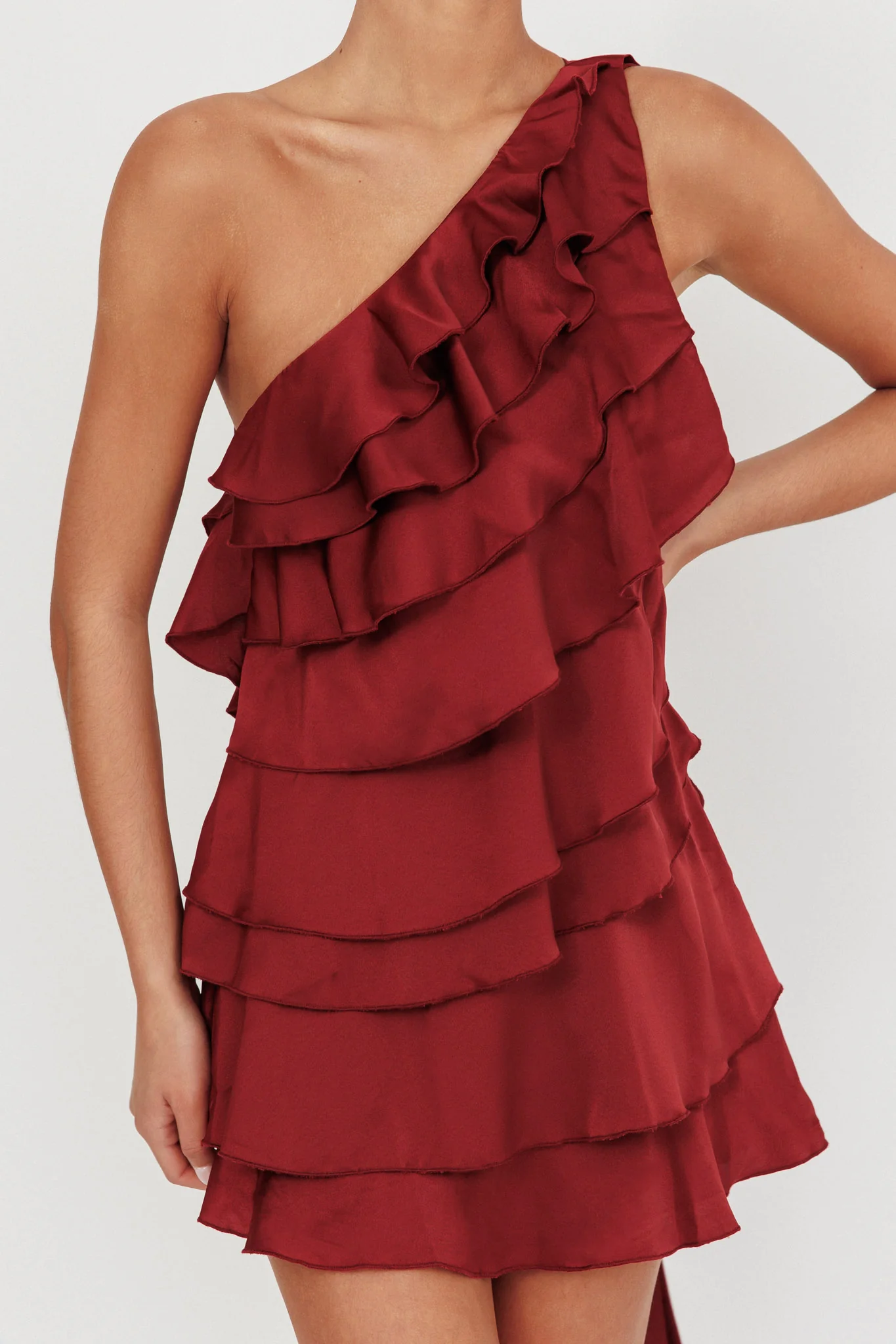 Arrabel Tiered Ruffle One Shoulder Mini Dress Wine - luluinthesky