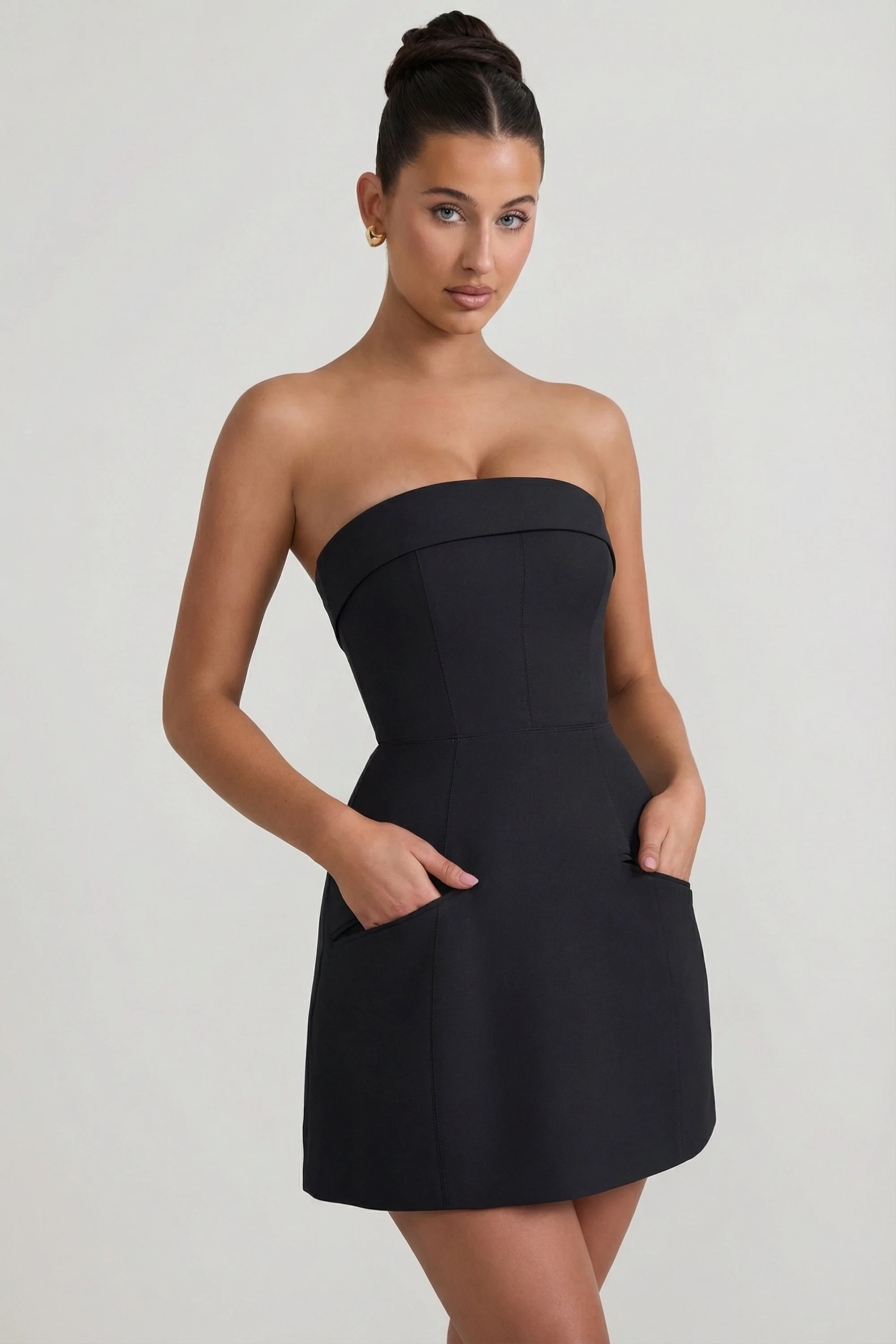 Foldover-Neck Strapless Structured A-Line Mini Dress in Black