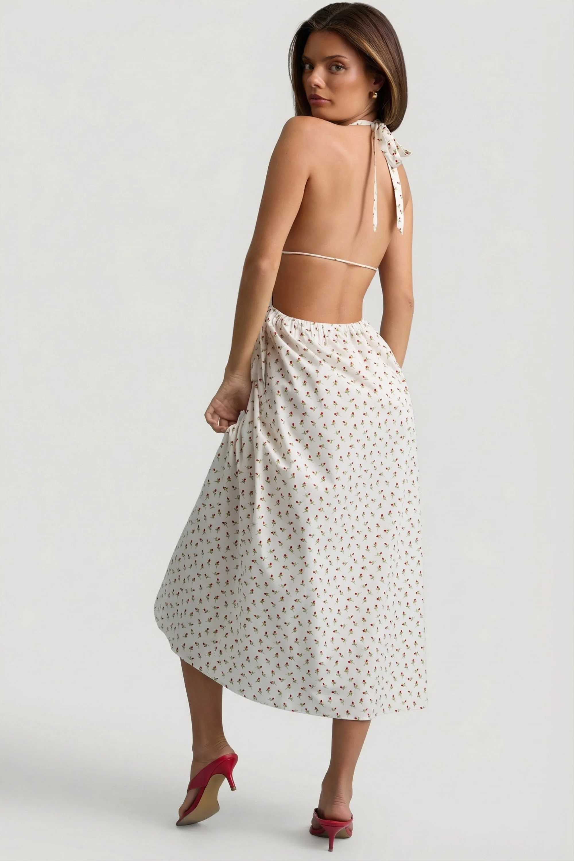 Backless Cotton-Poplin Midaxi Dress in Rose Print