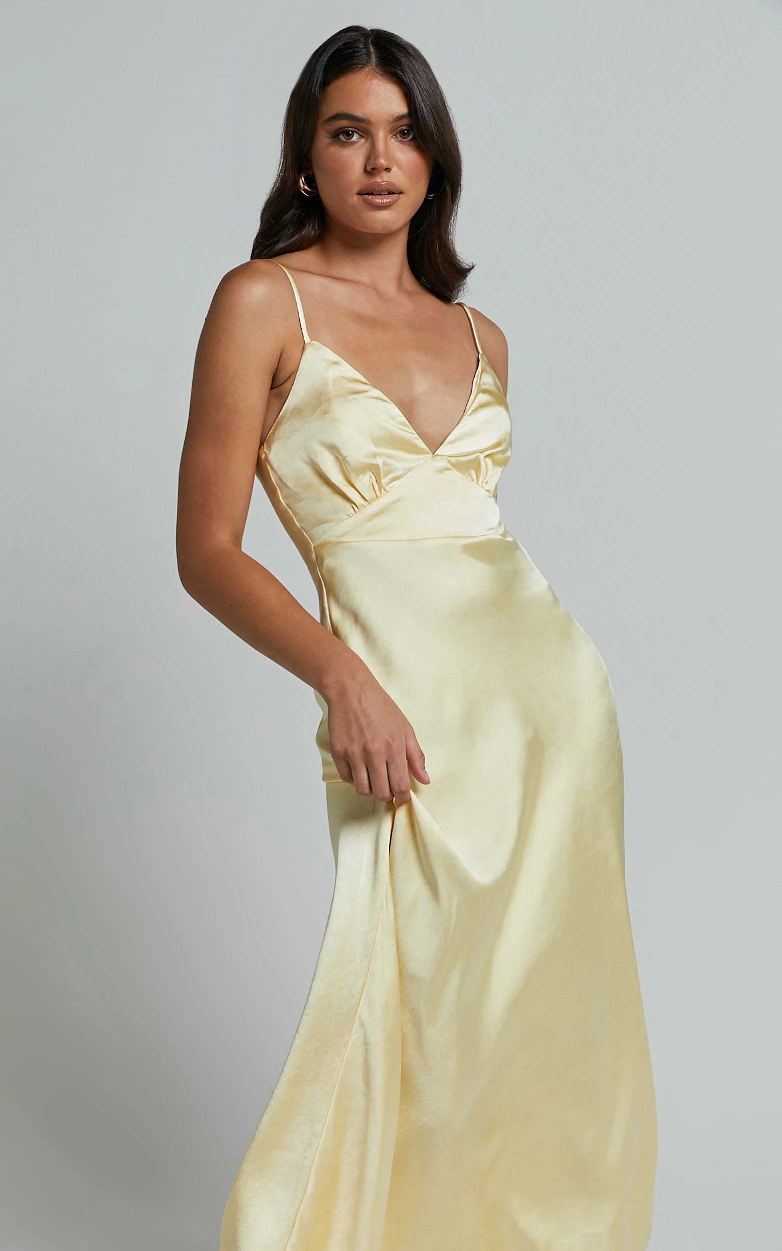 Lorenzia Maxi Dress - Plunge Corset Underbust Detail Satin Dress in Lemon