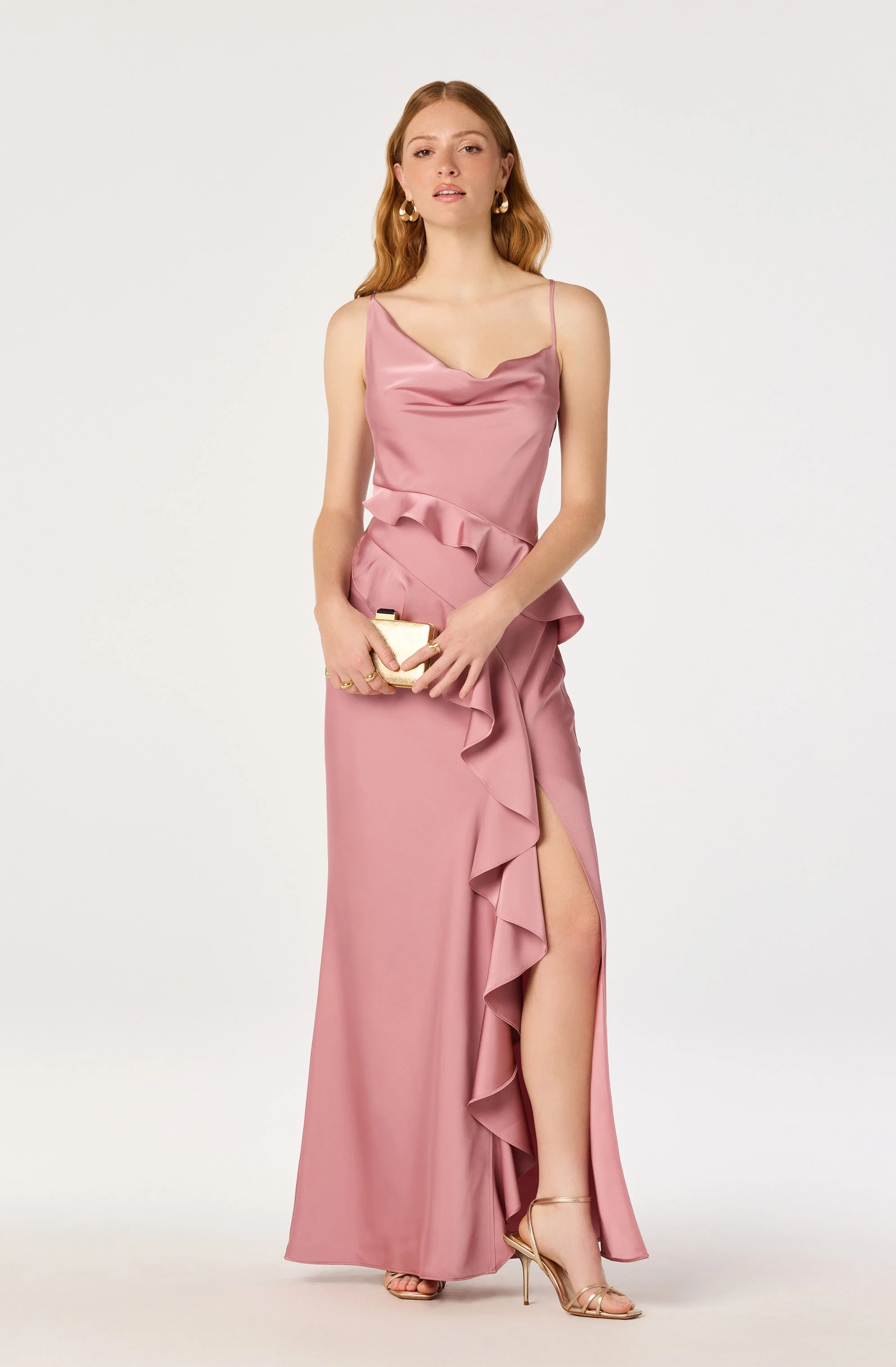Adelina Satin Ruffle Maxi Dress