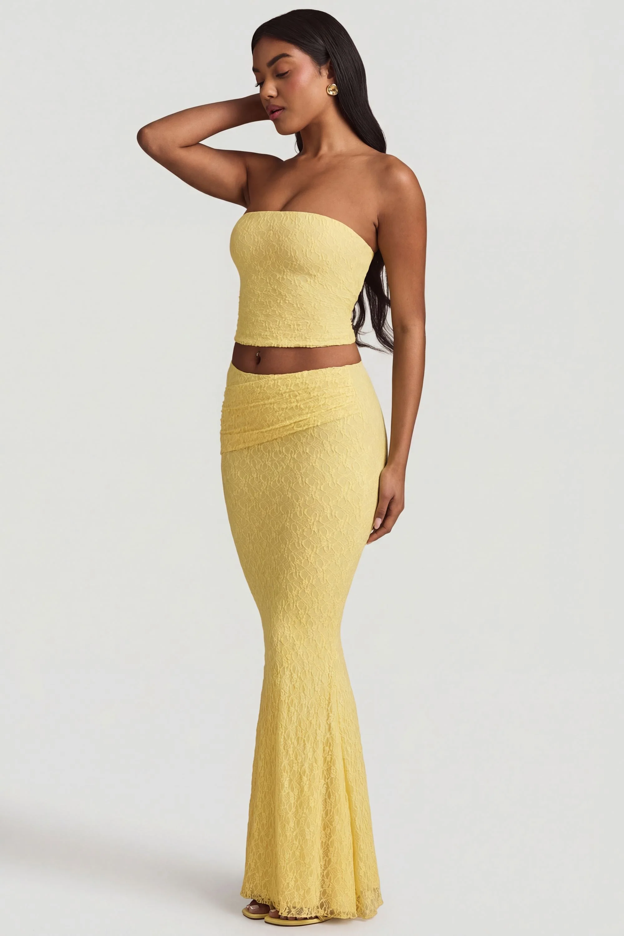 Ruched Strapless Lace Top in Pastel Yellow